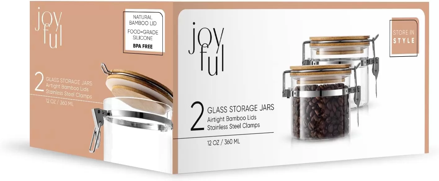 imageJoyJolt Glass Jars With Bamboo Lids 12 fl oz 2PC Set of Airtight Storage Jars with Clamp Lids for Pantry Food Storage Air Tight Sealable Glass Canisters Containers for Kitchen Organization
