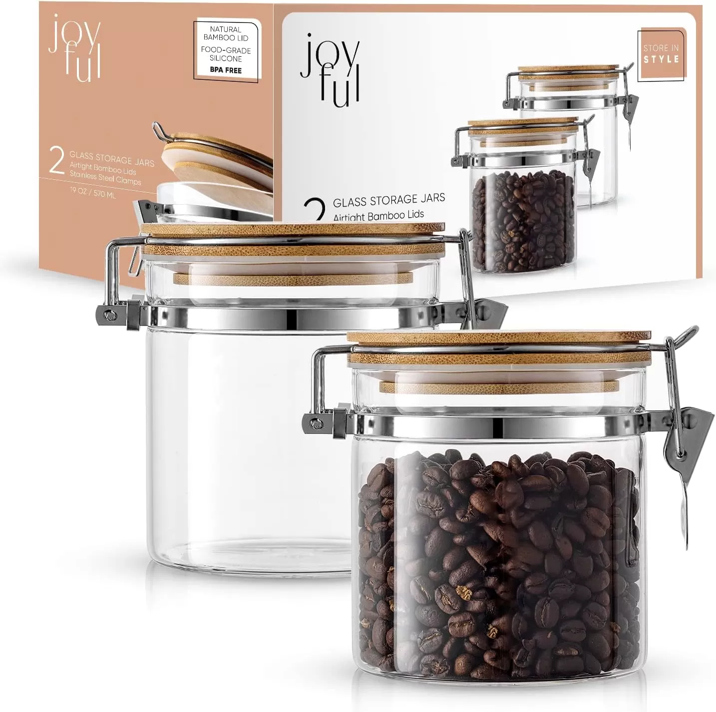 imageJoyJolt Glass Jars With Bamboo Lids 19 fl oz 2PC Set of Airtight Storage Jars with Clamp Lids for Pantry Food Storage Air Tight Sealable Glass Canisters Containers for Kitchen Organization