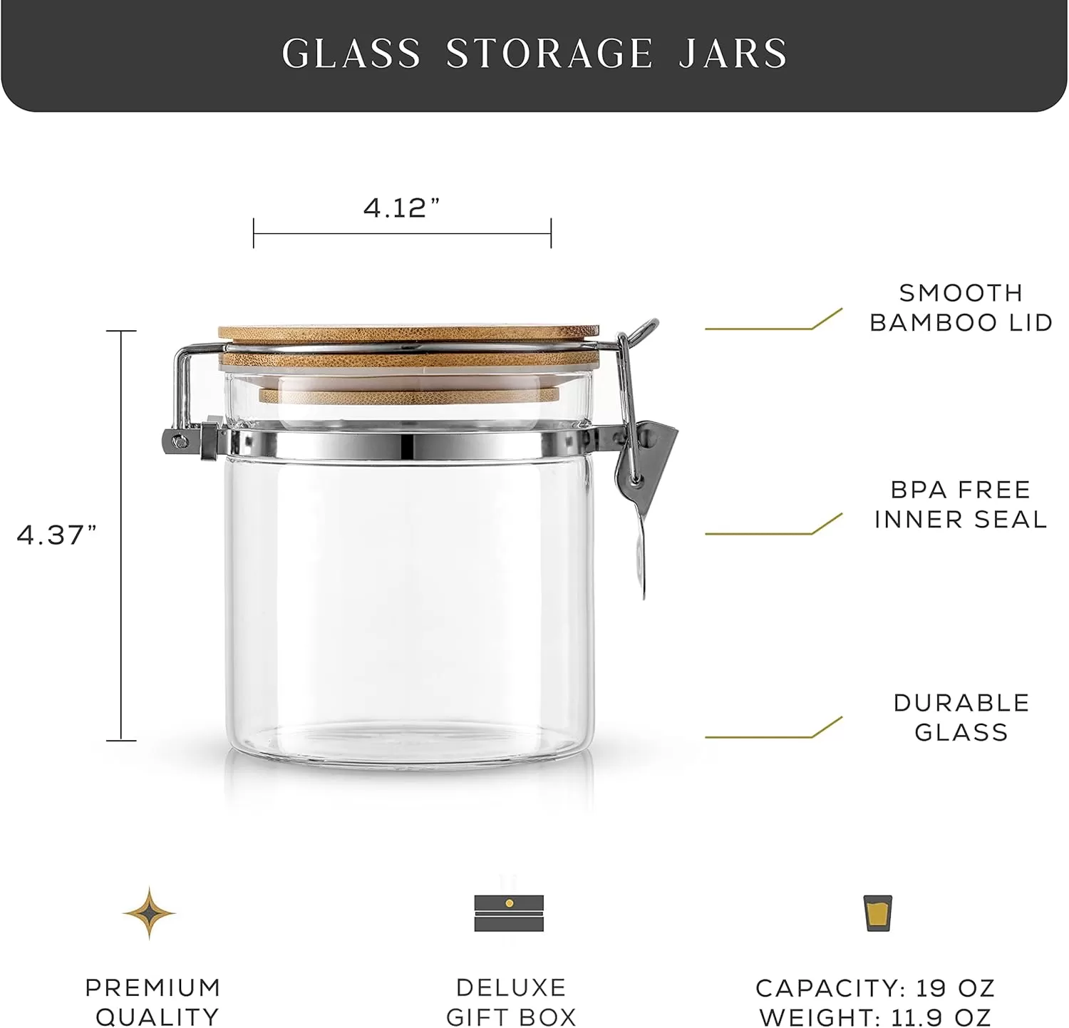 imageJoyJolt Glass Jars With Bamboo Lids 19 fl oz 2PC Set of Airtight Storage Jars with Clamp Lids for Pantry Food Storage Air Tight Sealable Glass Canisters Containers for Kitchen Organization