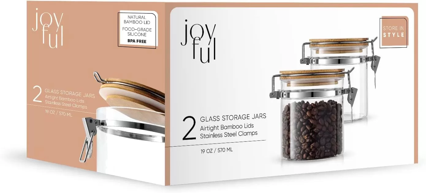imageJoyJolt Glass Jars With Bamboo Lids 19 fl oz 2PC Set of Airtight Storage Jars with Clamp Lids for Pantry Food Storage Air Tight Sealable Glass Canisters Containers for Kitchen Organization