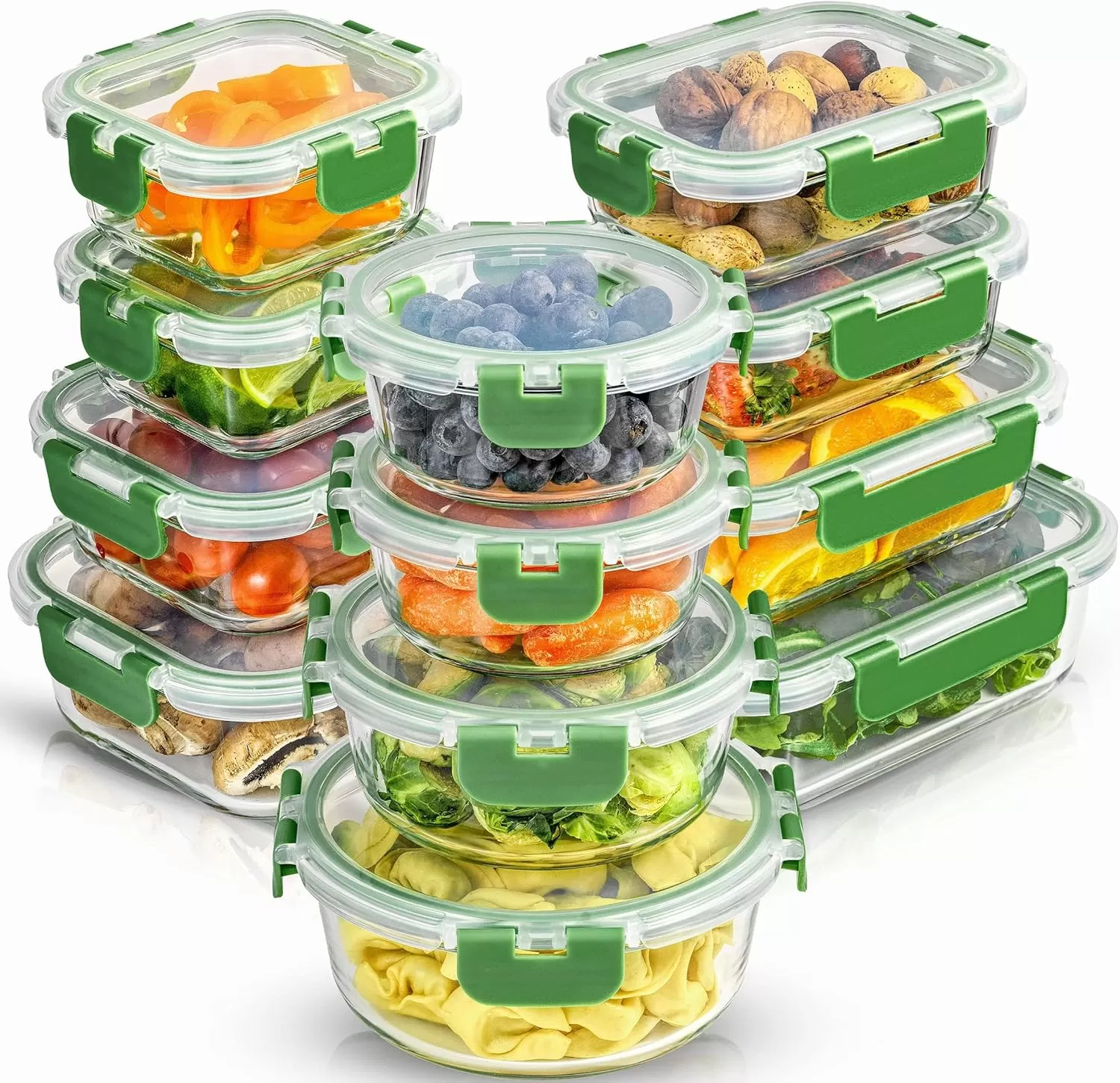 imageJoyJolt JoyFul 24pc12 Airtight Freezer Safe Food Storage Containers and 12 Lids Pantry Kitchen Storage Containers Glass Meal Prep Container for Lunch Glass Storage Containers with LidsColor Green