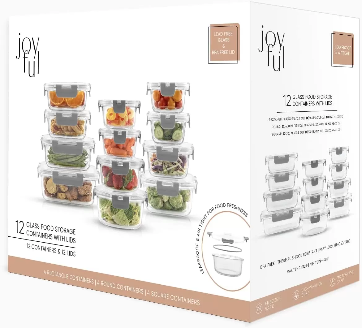 imageJoyJolt JoyFul 24pc12 Airtight Freezer Safe Food Storage Containers and 12 Lids Pantry Kitchen Storage Containers Glass Meal Prep Container for Lunch Glass Storage Containers with LidsColor Grey