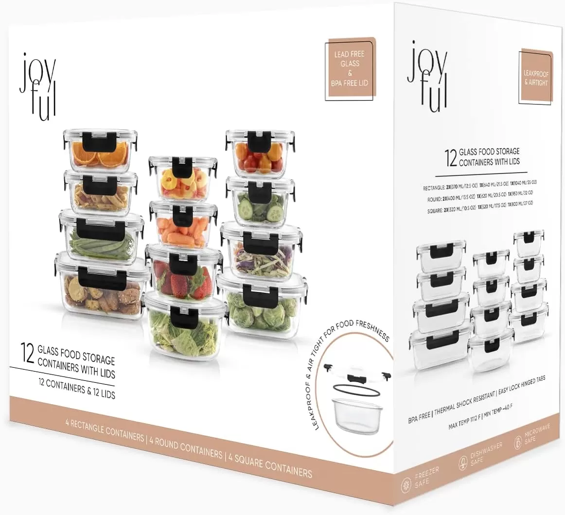 imageJoyJolt JoyFul 24pc12 Airtight Freezer Safe Food Storage Containers and 12 Lids Pantry Kitchen Storage Containers Glass Meal Prep Container for Lunch Glass Storage Containers with LidsColor Black
