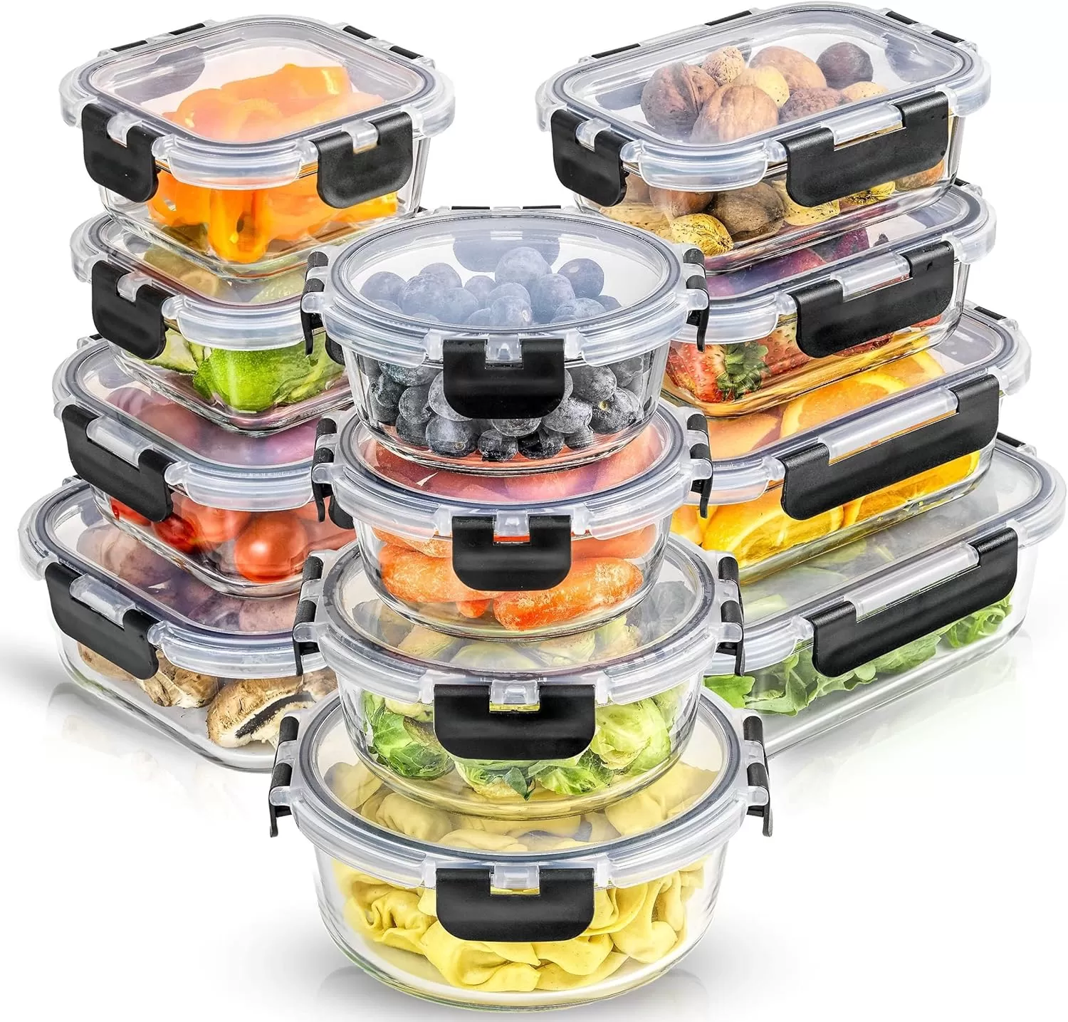 imageJoyJolt JoyFul 24pc12 Airtight Freezer Safe Food Storage Containers and 12 Lids Pantry Kitchen Storage Containers Glass Meal Prep Container for Lunch Glass Storage Containers with LidsColor Black
