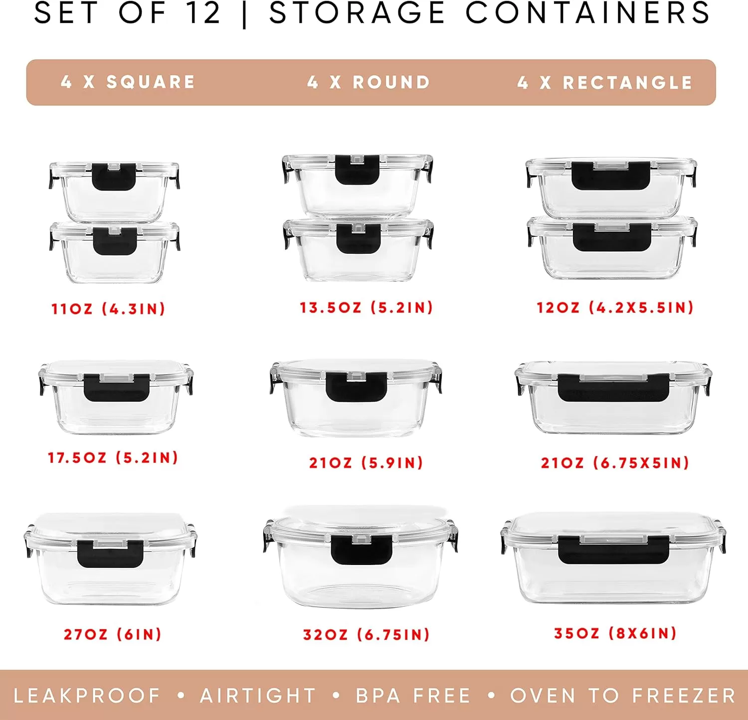 imageJoyJolt JoyFul 24pc12 Airtight Freezer Safe Food Storage Containers and 12 Lids Pantry Kitchen Storage Containers Glass Meal Prep Container for Lunch Glass Storage Containers with LidsColor Black