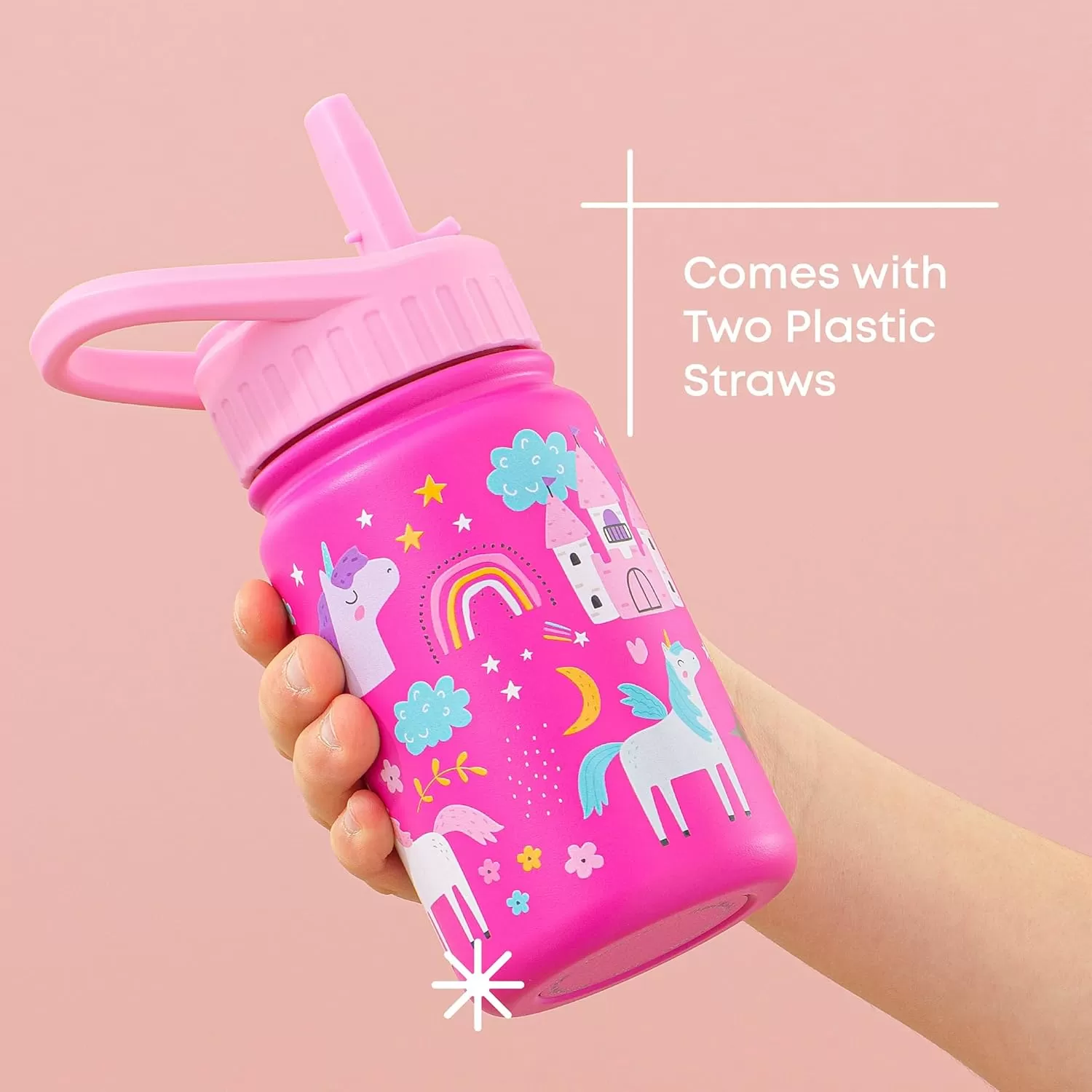 imageJoyJolt Kids Water Bottle with Straw Lid 12oz Small Stainless Steel Reusable Tumbler for Kids Girls Boys or Teen Vacuum Insulated Water Bottle for School Travel and Outdoors LeakproofUnicorn