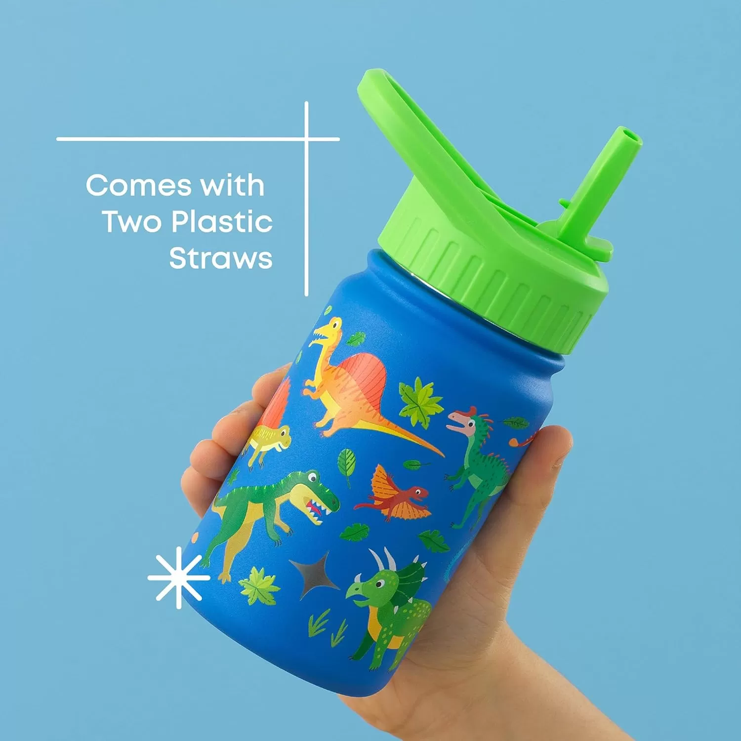 imageJoyJolt Kids Water Bottle with Straw Lid 12oz Small Stainless Steel Reusable Tumbler for Kids Girls Boys or Teen Vacuum Insulated Water Bottle for School Travel and Outdoors LeakproofDinos