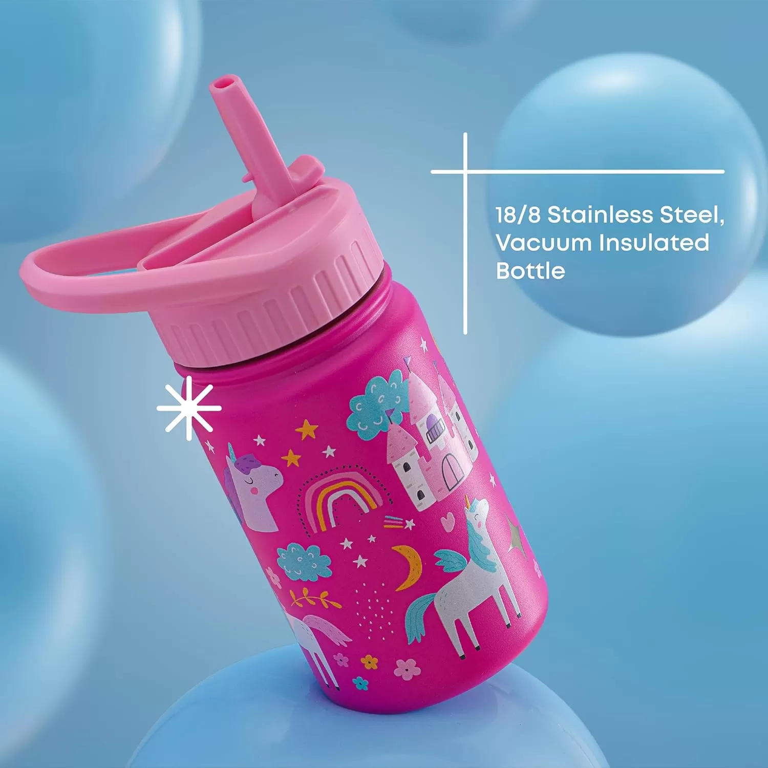 imageJoyJolt Kids Water Bottle with Straw Lid 12oz Small Stainless Steel Reusable Tumbler for Kids Girls Boys or Teen Vacuum Insulated Water Bottle for School Travel and Outdoors LeakproofUnicorn