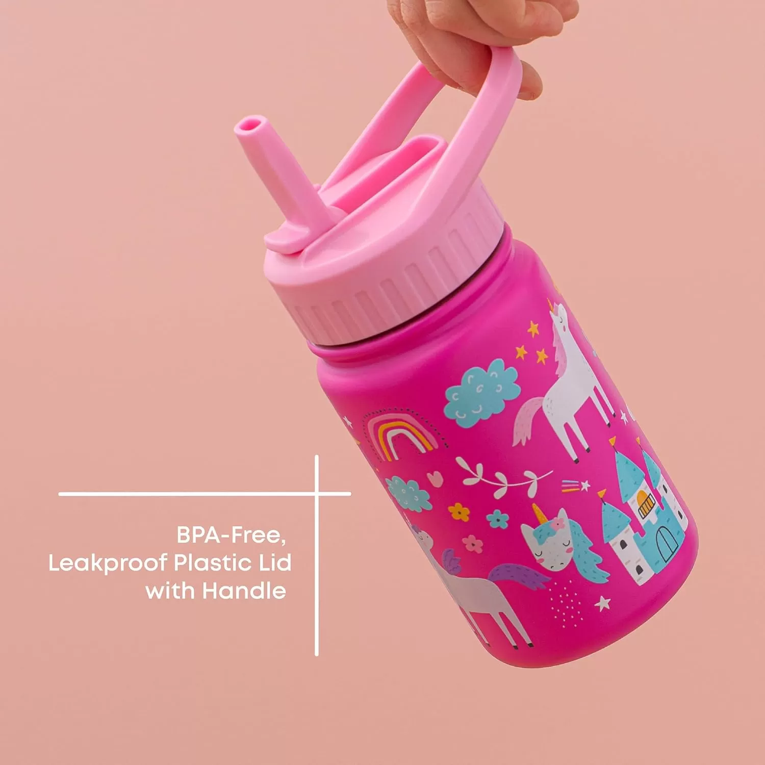imageJoyJolt Kids Water Bottle with Straw Lid 12oz Small Stainless Steel Reusable Tumbler for Kids Girls Boys or Teen Vacuum Insulated Water Bottle for School Travel and Outdoors LeakproofUnicorn
