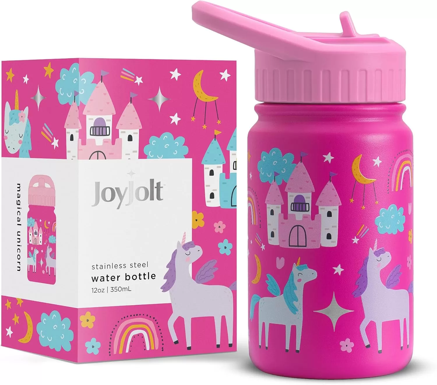 imageJoyJolt Kids Water Bottle with Straw Lid 12oz Small Stainless Steel Reusable Tumbler for Kids Girls Boys or Teen Vacuum Insulated Water Bottle for School Travel and Outdoors LeakproofUnicorn