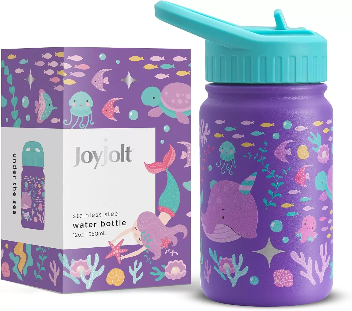 imageJoyJolt Kids Water Bottle with Straw Lid 12oz Small Stainless Steel Reusable Tumbler for Kids Girls Boys or Teen Vacuum Insulated Water Bottle for School Travel and Outdoors LeakproofSea
