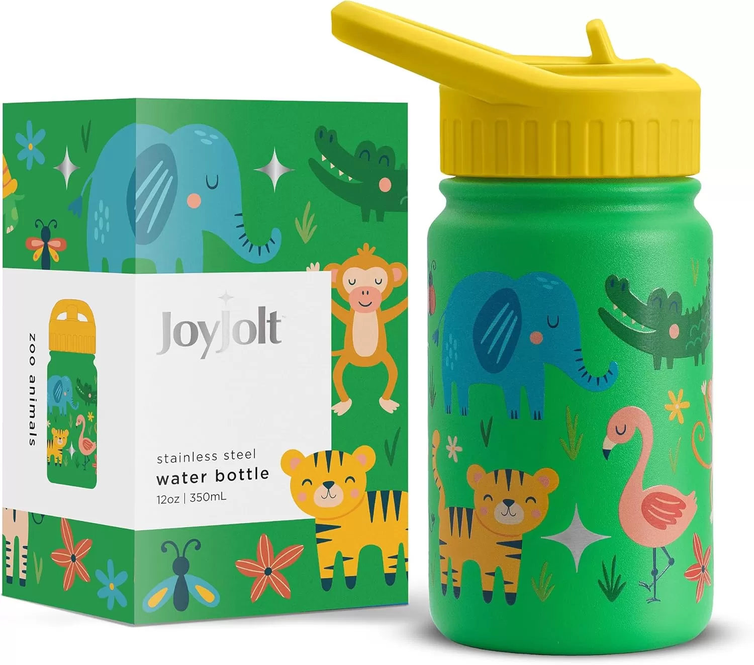 imageJoyJolt Kids Water Bottle with Straw Lid 12oz Small Stainless Steel Reusable Tumbler for Kids Girls Boys or Teen Vacuum Insulated Water Bottle for School Travel and Outdoors LeakproofZoo