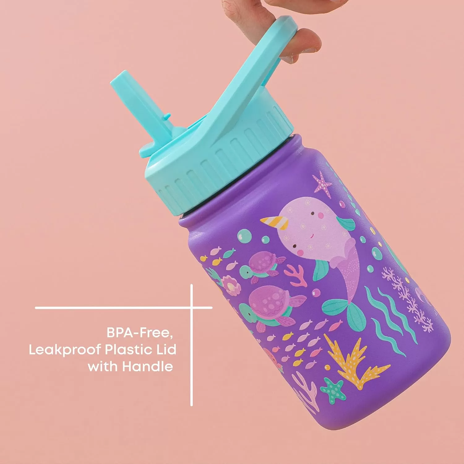 imageJoyJolt Kids Water Bottle with Straw Lid 12oz Small Stainless Steel Reusable Tumbler for Kids Girls Boys or Teen Vacuum Insulated Water Bottle for School Travel and Outdoors LeakproofSea