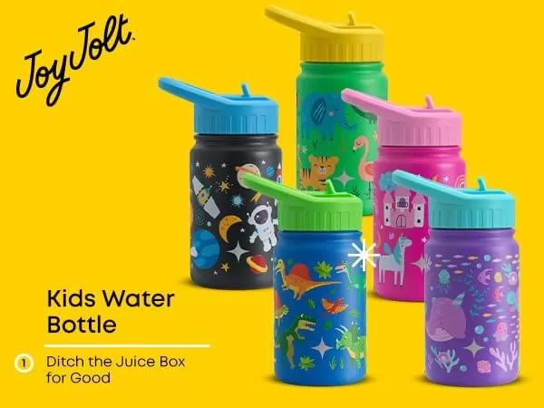 imageJoyJolt Kids Water Bottle with Straw Lid 12oz Small Stainless Steel Reusable Tumbler for Kids Girls Boys or Teen Vacuum Insulated Water Bottle for School Travel and Outdoors LeakproofSpace