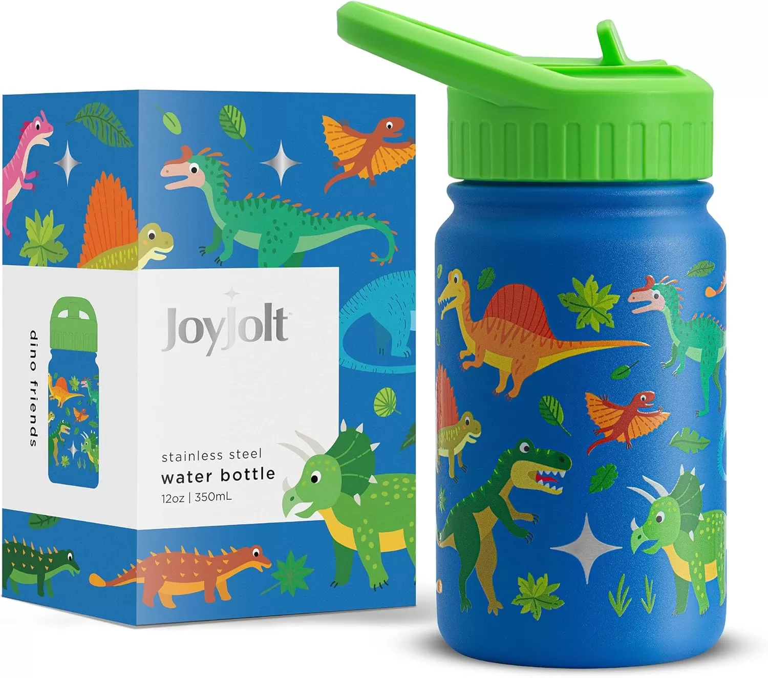 imageJoyJolt Kids Water Bottle with Straw Lid 12oz Small Stainless Steel Reusable Tumbler for Kids Girls Boys or Teen Vacuum Insulated Water Bottle for School Travel and Outdoors LeakproofDinos