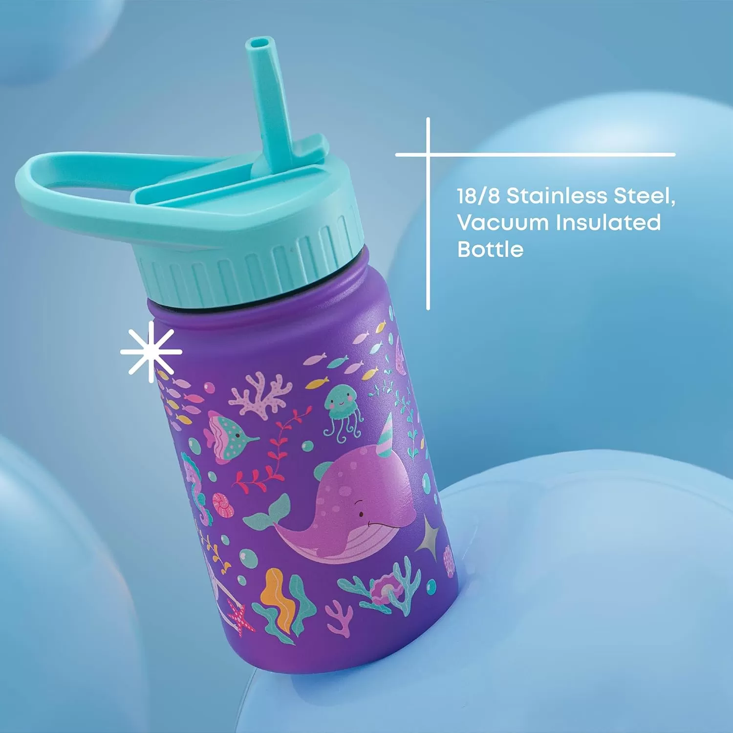 imageJoyJolt Kids Water Bottle with Straw Lid 12oz Small Stainless Steel Reusable Tumbler for Kids Girls Boys or Teen Vacuum Insulated Water Bottle for School Travel and Outdoors LeakproofSea