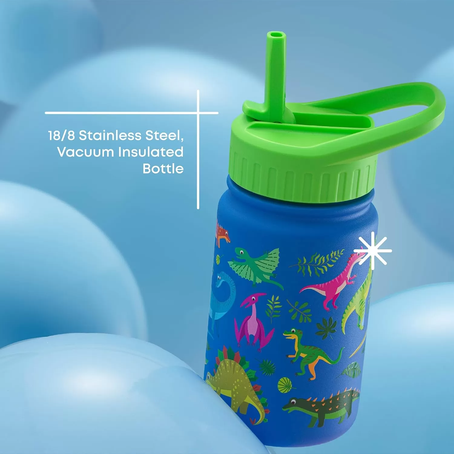 imageJoyJolt Kids Water Bottle with Straw Lid 12oz Small Stainless Steel Reusable Tumbler for Kids Girls Boys or Teen Vacuum Insulated Water Bottle for School Travel and Outdoors LeakproofDinos