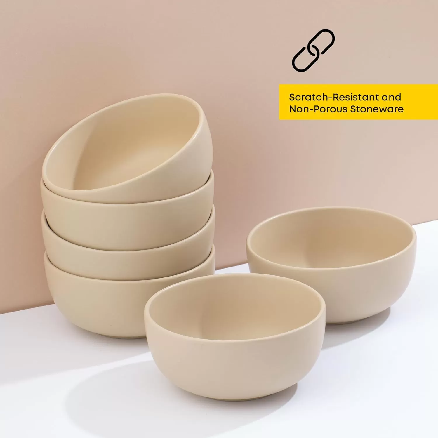 imageJoyJolt Mesa 23oz Stoneware Soup Bowls Dishwasher and Microwave Safe Bowls 58quot Matte Beige Cereal Bowls Set of 6 Bowls for Kitchen Pasta Oatmeal Salad Ice Cream or Dessert BowlsBeige