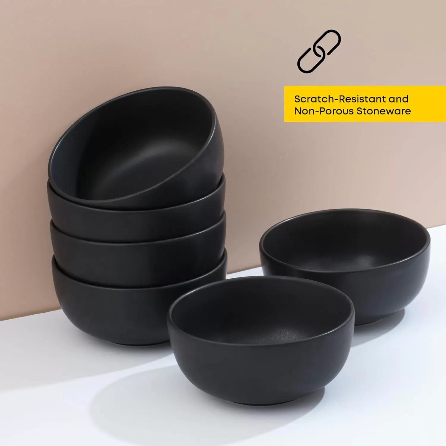 imageJoyJolt Mesa 23oz Stoneware Soup Bowls Dishwasher and Microwave Safe Bowls 58quot Matte Beige Cereal Bowls Set of 6 Bowls for Kitchen Pasta Oatmeal Salad Ice Cream or Dessert BowlsBlack