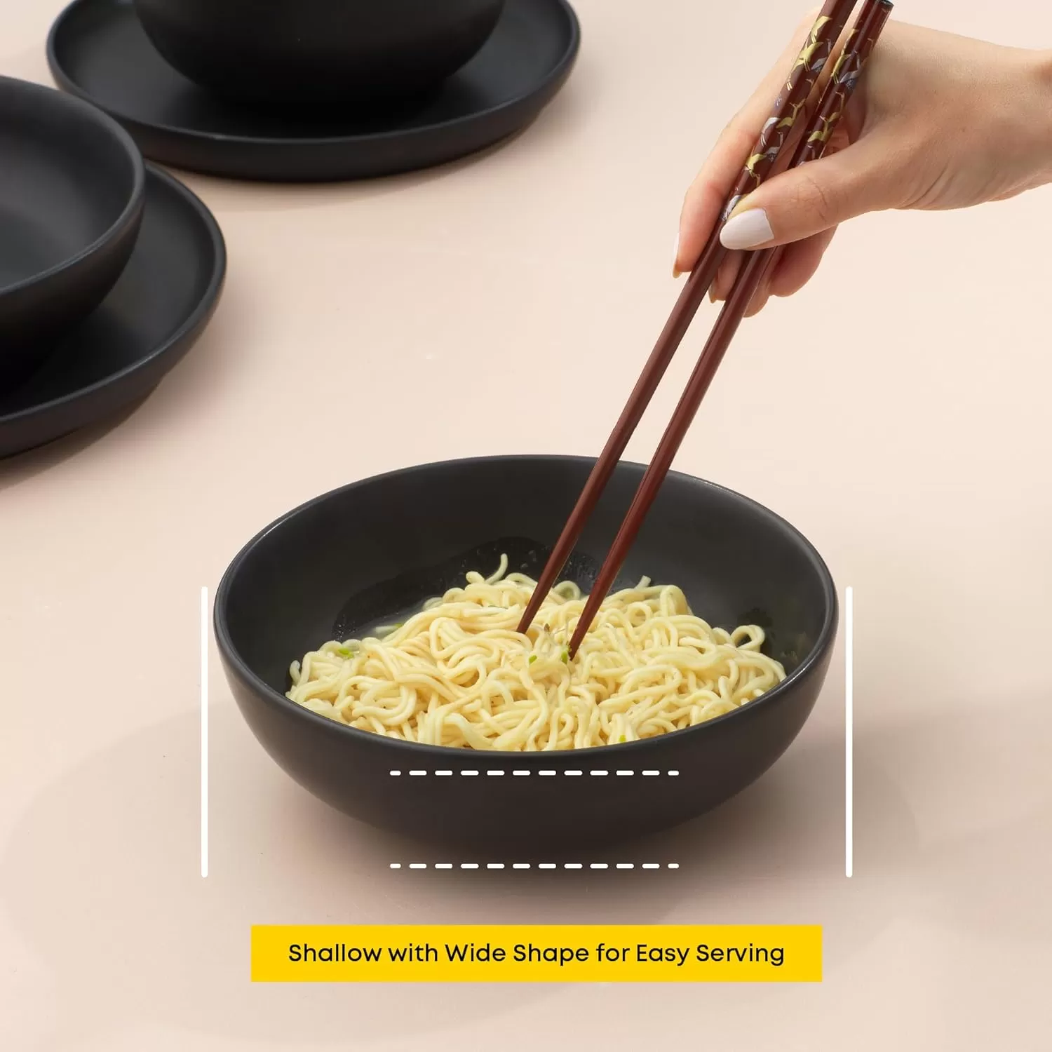 imageJoyJolt Mesa 30oz Stoneware Pasta Bowls Set of 4 Salad Bowls Serving Bowls for Kitchen Oatmeal Soup Dinner Matte Sage Green Dishwasher and Microwave Safe Wide and Shallow Plate BowlsBlack