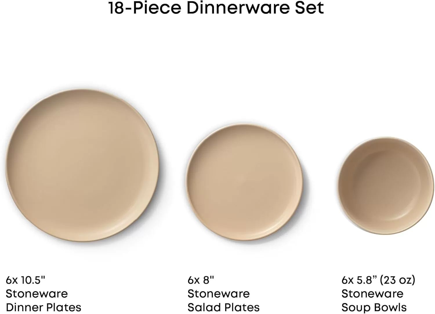 imageJoyJolt Mesa Stoneware Dinnerware Set 18Piece Plates and Bowls Sets Includes Dinner Plates Salad Plates and Cereal and Soup Bowls Modern Farmhouse Matte Black Dish Set for 6Beige