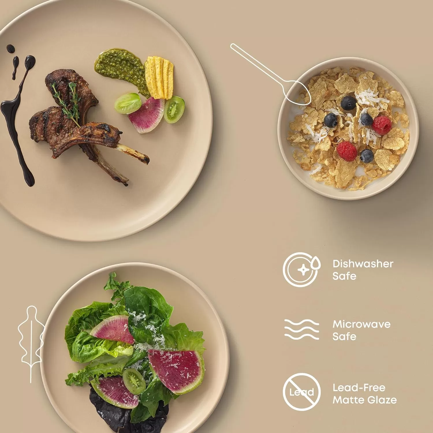 imageJoyJolt Mesa Stoneware Dinnerware Set 18Piece Plates and Bowls Sets Includes Dinner Plates Salad Plates and Cereal and Soup Bowls Modern Farmhouse Matte Black Dish Set for 6Beige