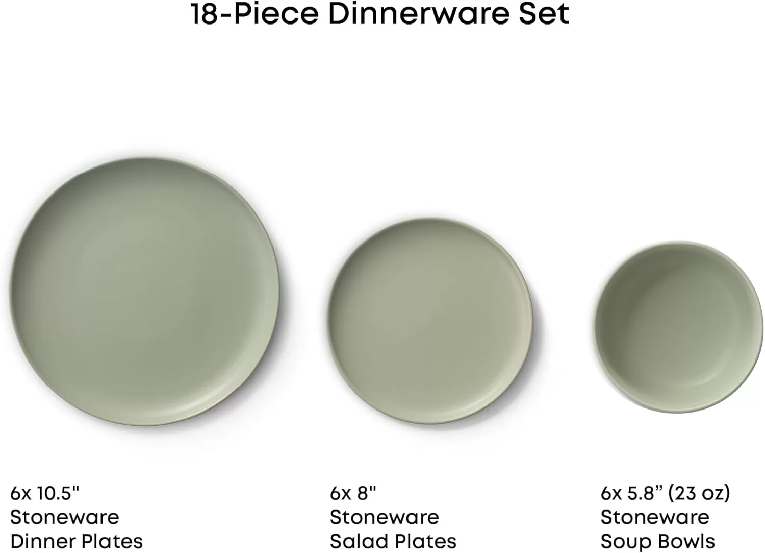 imageJoyJolt Mesa Stoneware Dinnerware Set 18Piece Plates and Bowls Sets Includes Dinner Plates Salad Plates and Cereal and Soup Bowls Modern Farmhouse Matte Black Dish Set for 6Green