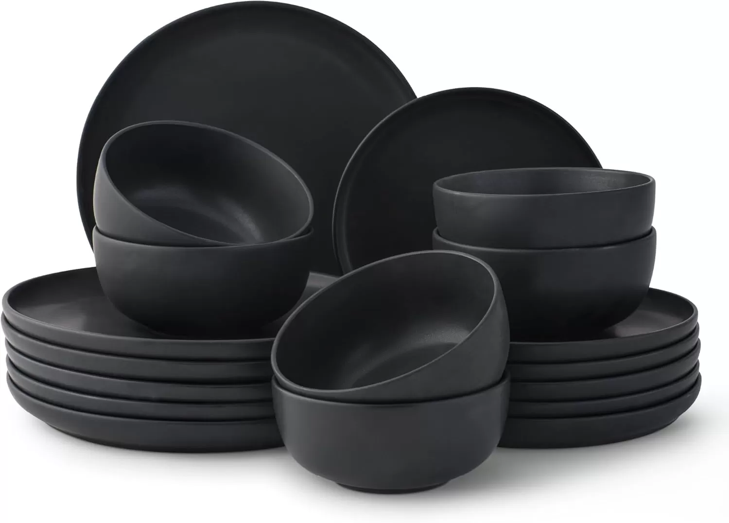 imageJoyJolt Mesa Stoneware Dinnerware Set 18Piece Plates and Bowls Sets Includes Dinner Plates Salad Plates and Cereal and Soup Bowls Modern Farmhouse Matte Black Dish Set for 6Black