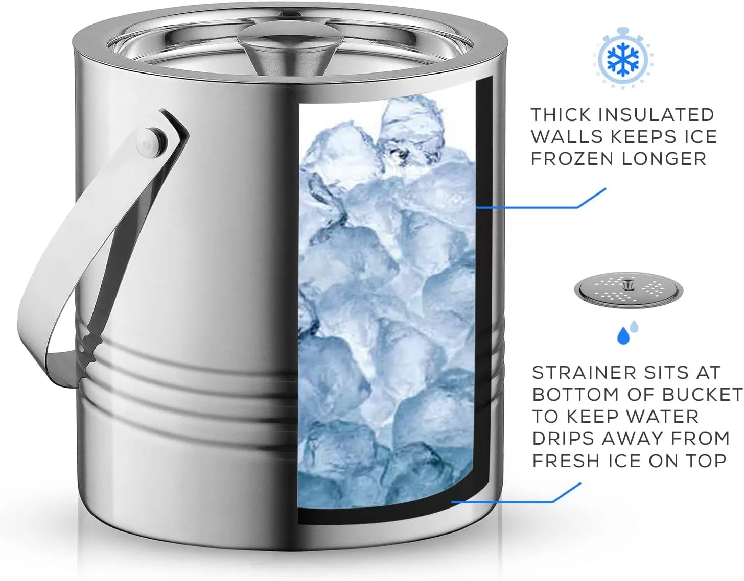 imageJoyJolt Metal Double Wall Ice Bucket with Lid Ice Tongs and Strainer 3L Insulated Ice Bucket for Cocktail Bar Wine Home Bar Accessories Parties Champagne Bucket Stainless Steel Ice Buckets