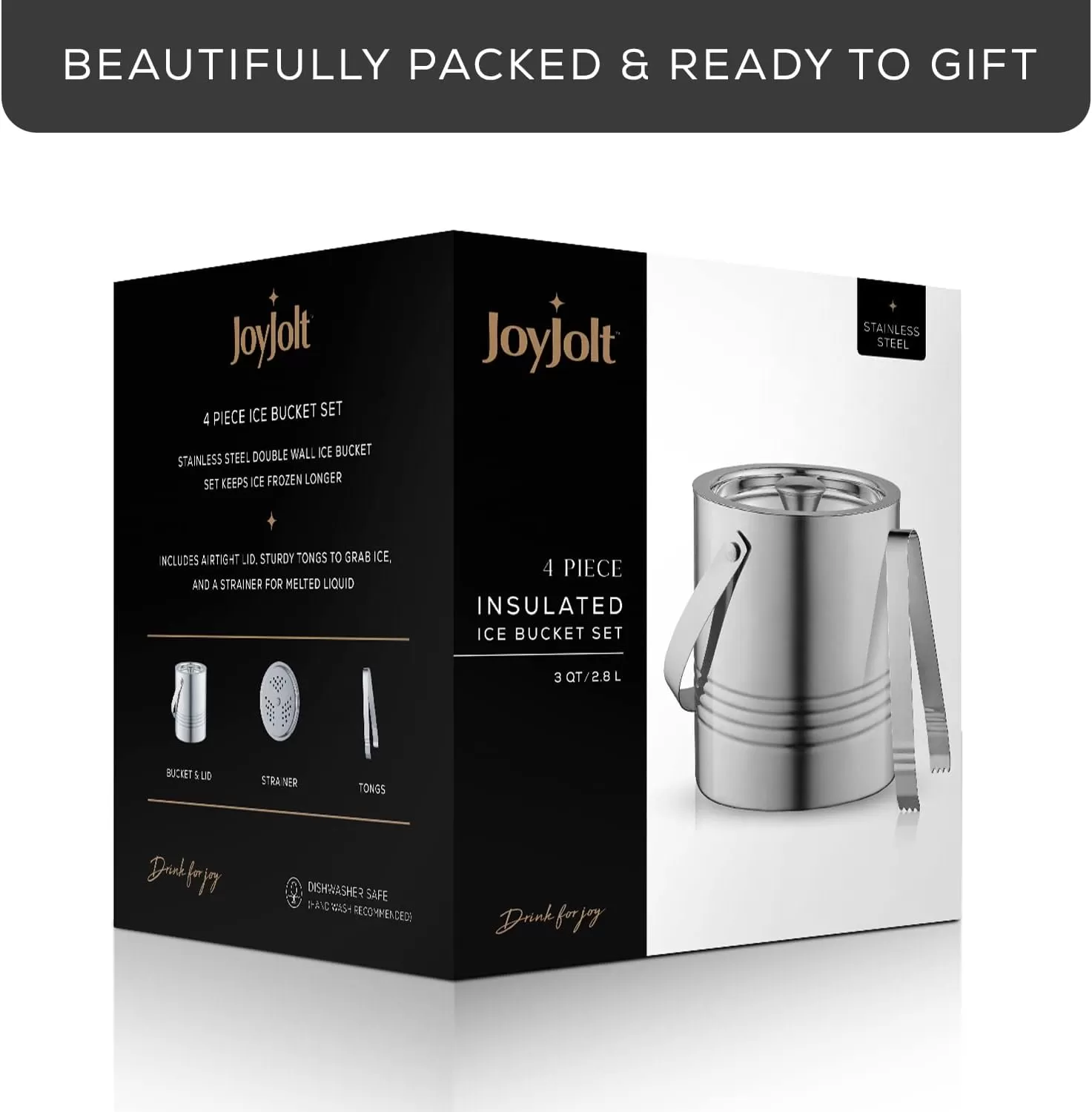 imageJoyJolt Metal Double Wall Ice Bucket with Lid Ice Tongs and Strainer 3L Insulated Ice Bucket for Cocktail Bar Wine Home Bar Accessories Parties Champagne Bucket Stainless Steel Ice Buckets