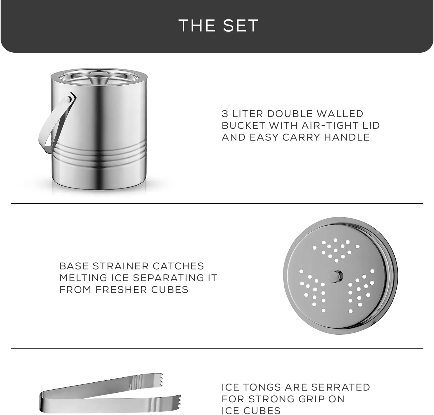 imageJoyJolt Metal Double Wall Ice Bucket with Lid Ice Tongs and Strainer 3L Insulated Ice Bucket for Cocktail Bar Wine Home Bar Accessories Parties Champagne Bucket Stainless Steel Ice Buckets