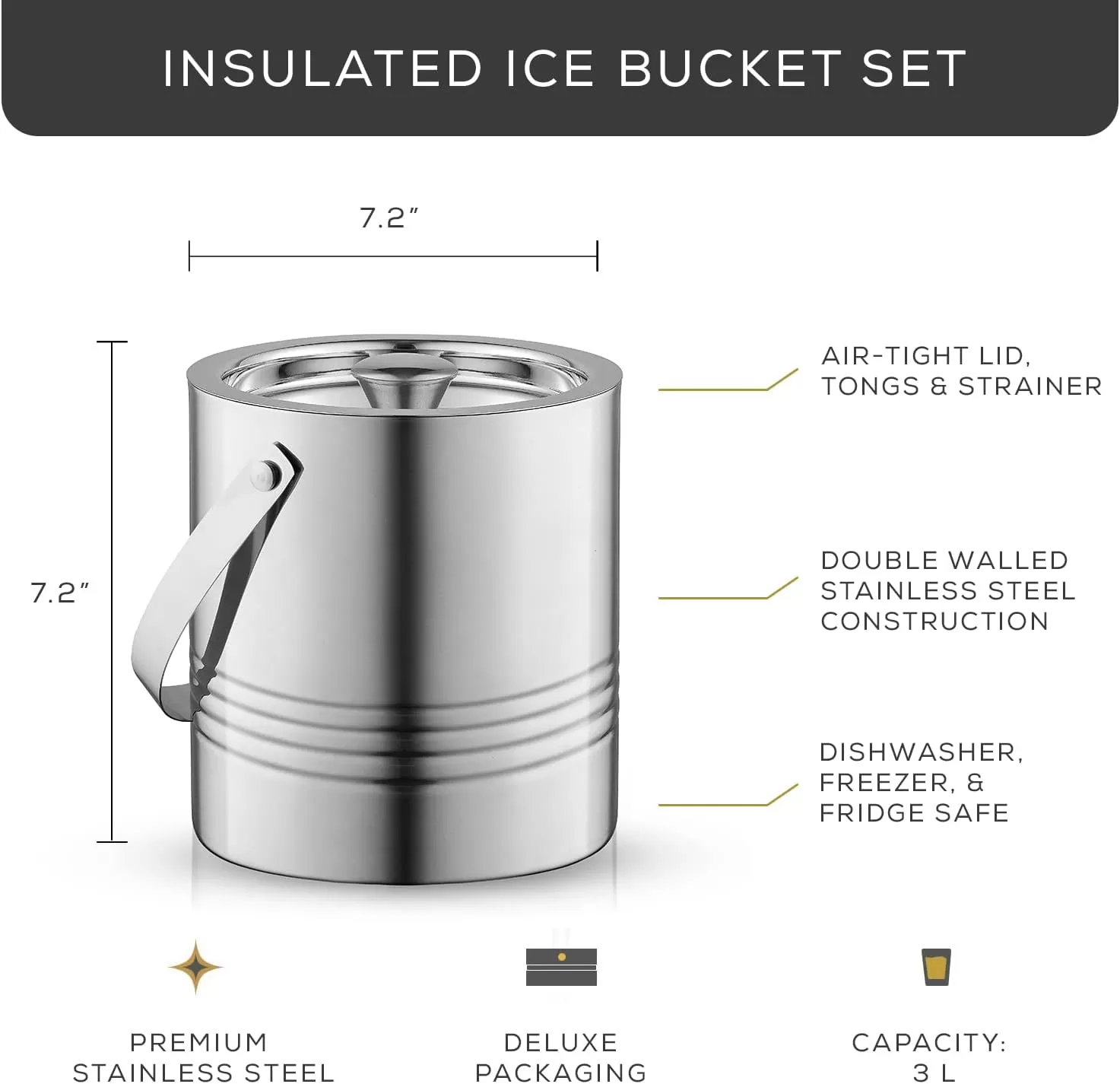 imageJoyJolt Metal Double Wall Ice Bucket with Lid Ice Tongs and Strainer 3L Insulated Ice Bucket for Cocktail Bar Wine Home Bar Accessories Parties Champagne Bucket Stainless Steel Ice Buckets