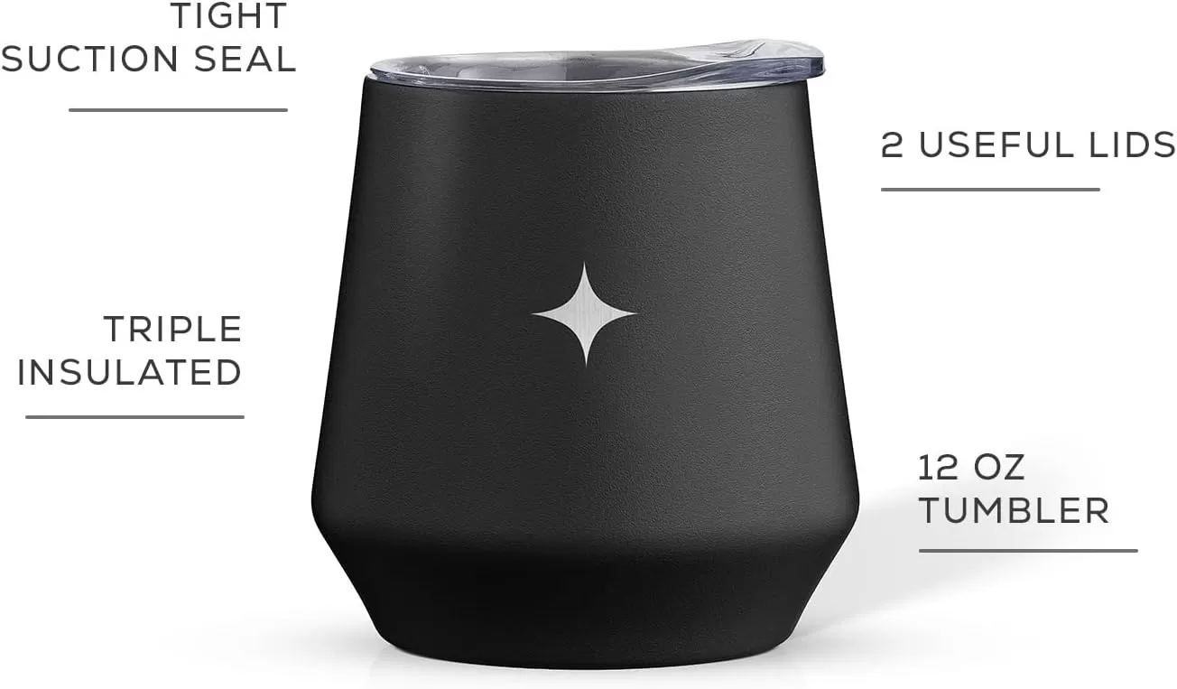 imageJoyJolt TriInsulated Wine Tumbler with Lid Pack 12 oz Tumbler Slider and Straw Lids Vacuum Double Walled Stainless Steel Stemless Wine Glass Copper Lined for Very Cold Drinks Travel and CampingMatte Black