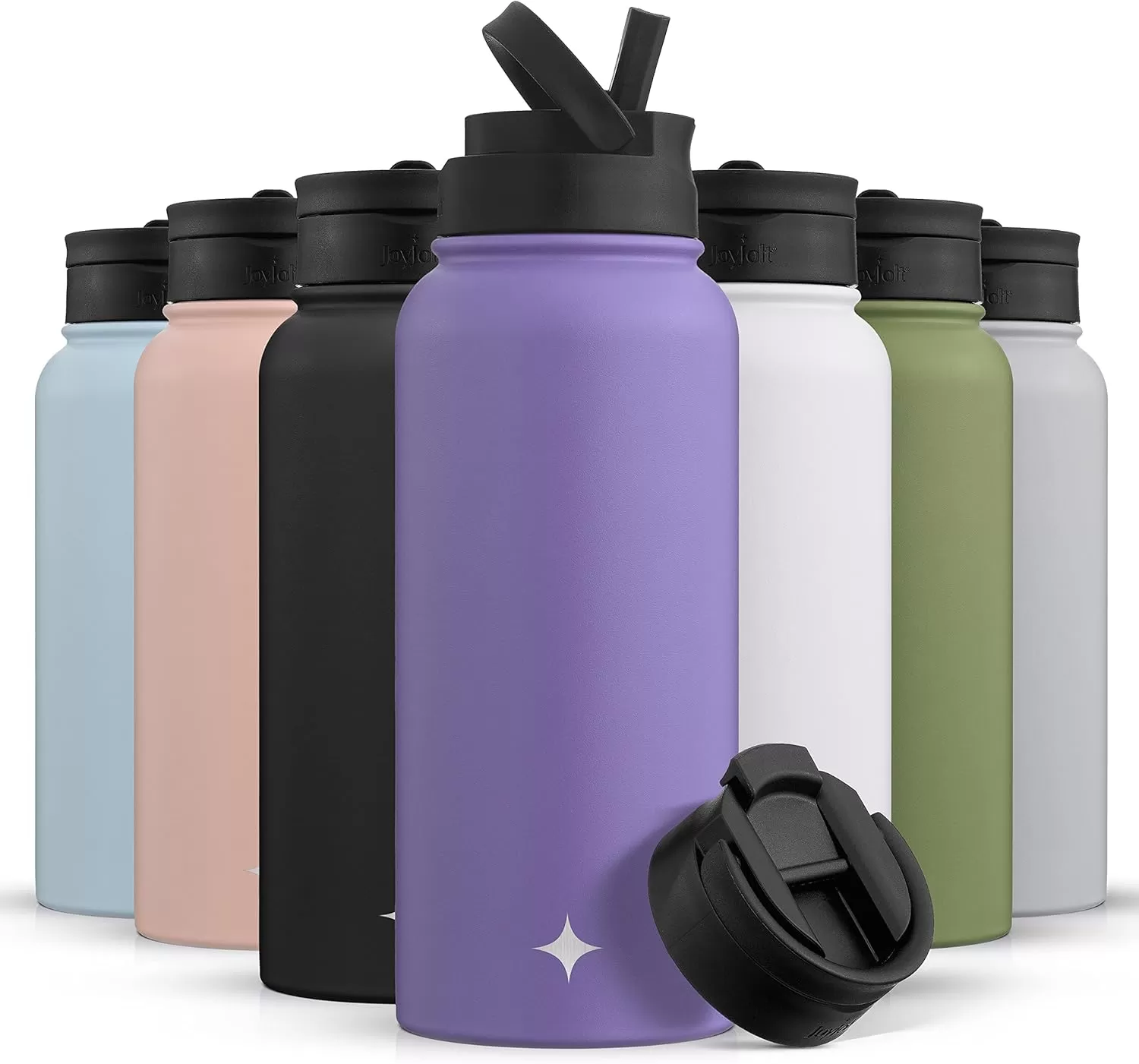 imageJoyJolt Triple Insulated Water Bottle with Straw Lid AND Flip Lid 32oz Large Water Bottle 12 Hour HotCold Vacuum Insulated Stainless Steel Bottle BPAFree Leakproof Water Bottles  Thermos BottleLilac Purple