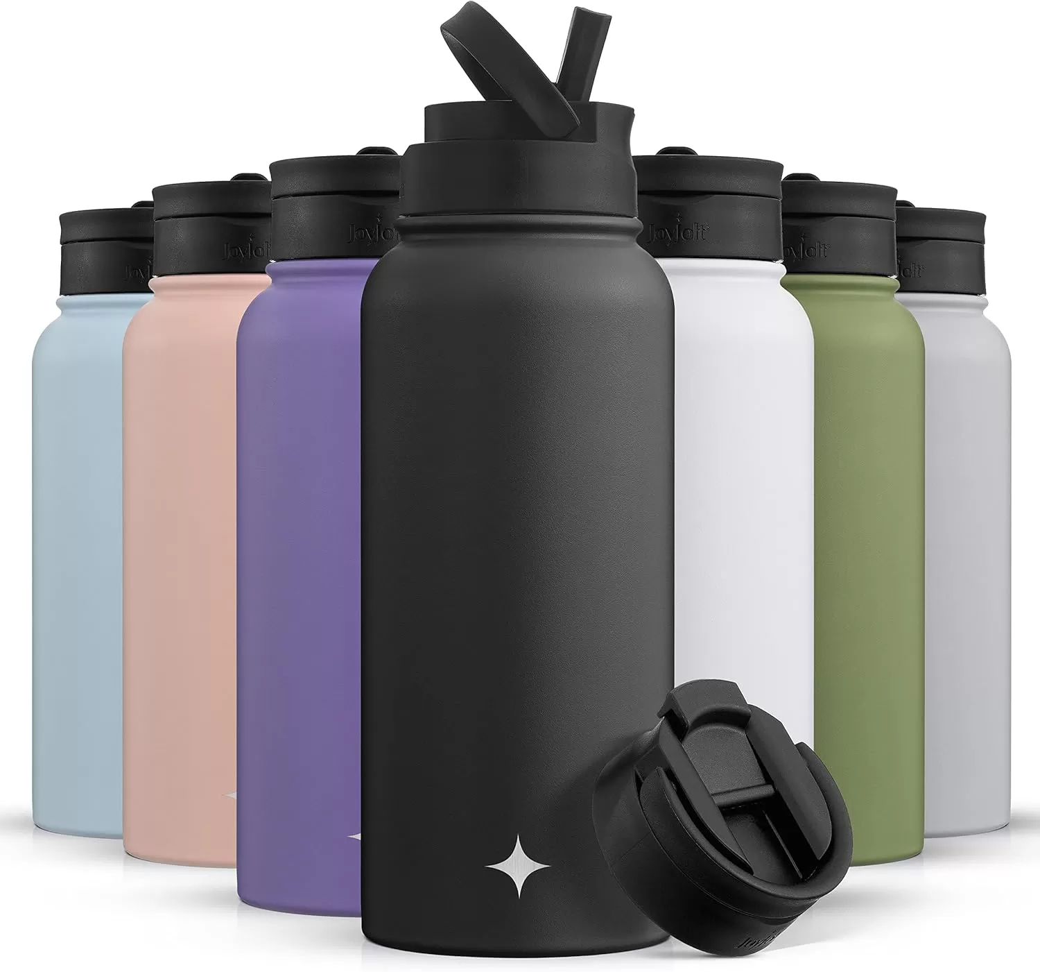 imageJoyJolt Triple Insulated Water Bottle with Straw Lid AND Flip Lid 32oz Large Water Bottle 12 Hour HotCold Vacuum Insulated Stainless Steel Bottle BPAFree Leakproof Water Bottles  Thermos BottleMatte Black