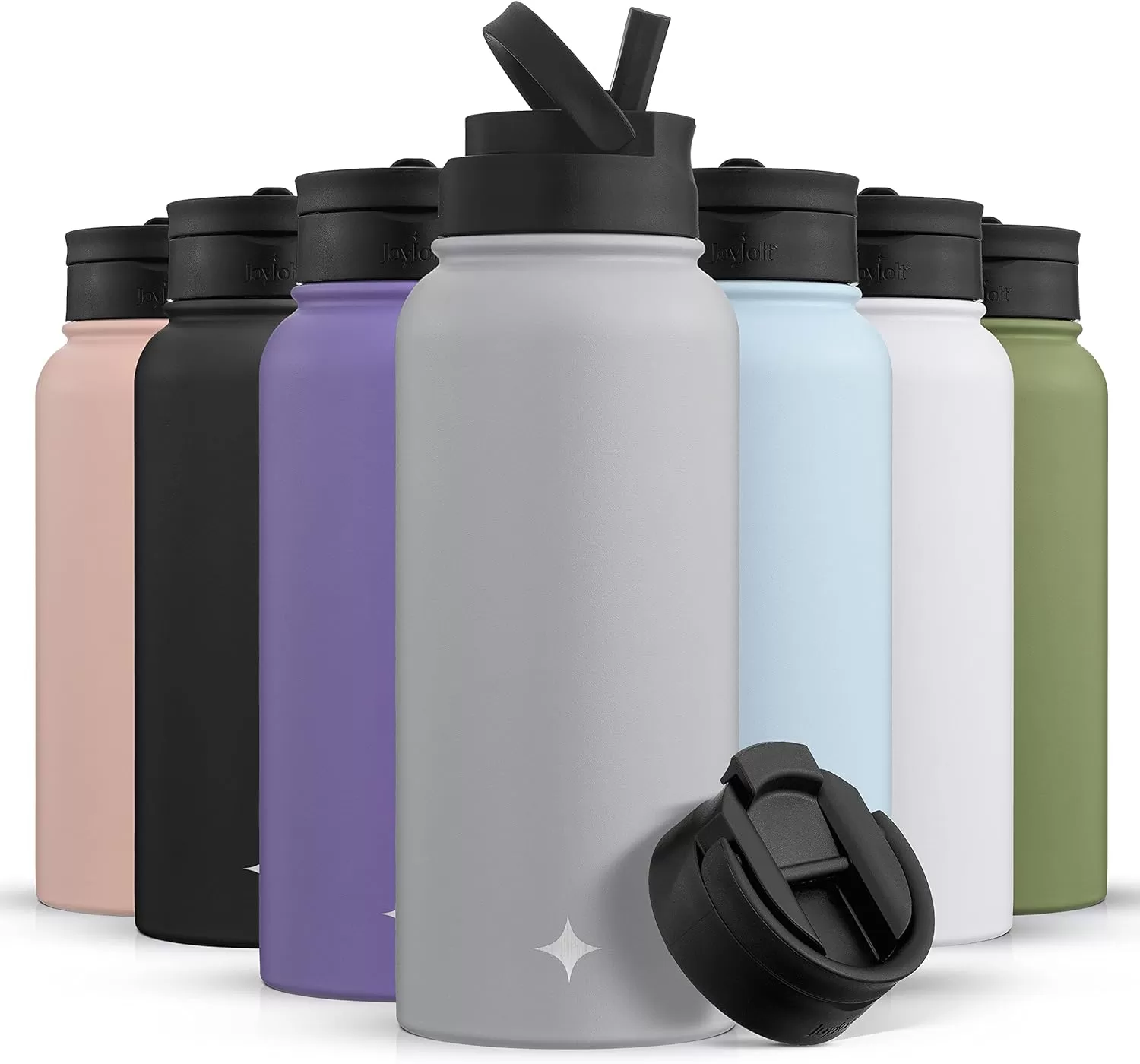 imageJoyJolt Triple Insulated Water Bottle with Straw Lid AND Flip Lid 32oz Large Water Bottle 12 Hour HotCold Vacuum Insulated Stainless Steel Bottle BPAFree Leakproof Water Bottles  Thermos BottleDove Grey