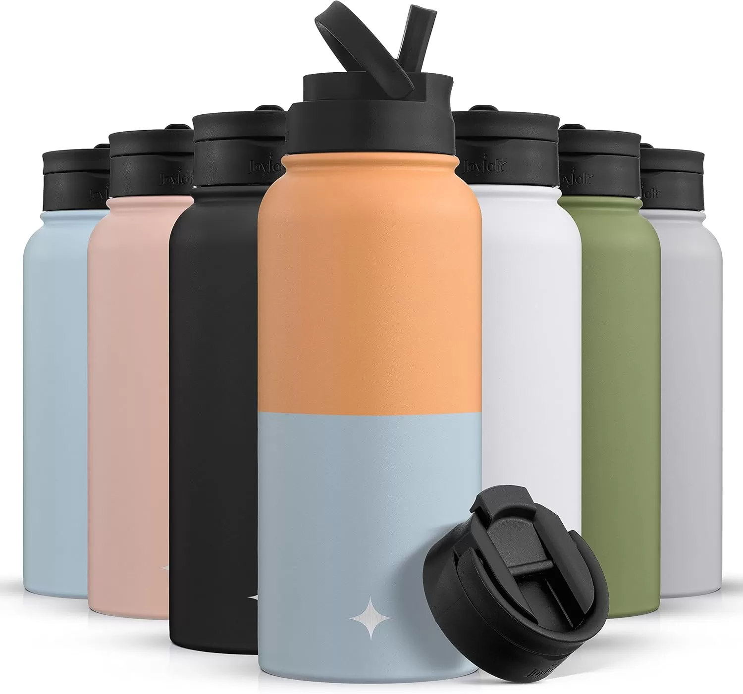 imageJoyJolt Triple Insulated Water Bottle with Straw Lid AND Flip Lid 32oz Large Water Bottle 12 Hour HotCold Vacuum Insulated Stainless Steel Bottle BPAFree Leakproof Water Bottles  Thermos BottleOrangeBlue