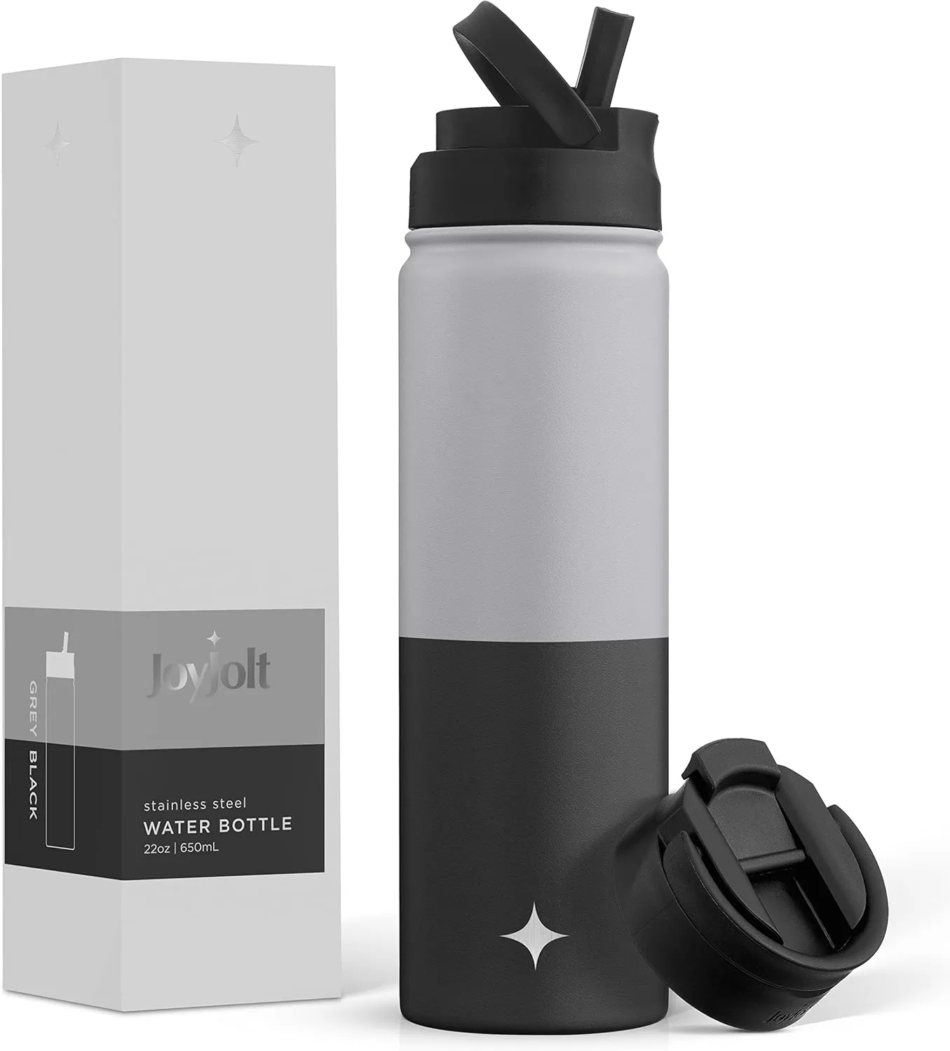 imageJoyJolt Triple Insulated Water Bottle with Straw Lid AND Flip Lid 32oz Large Water Bottle 12 Hour HotCold Vacuum Insulated Stainless Steel Bottle BPAFree Leakproof Water Bottles  Thermos BottleGrayBlack