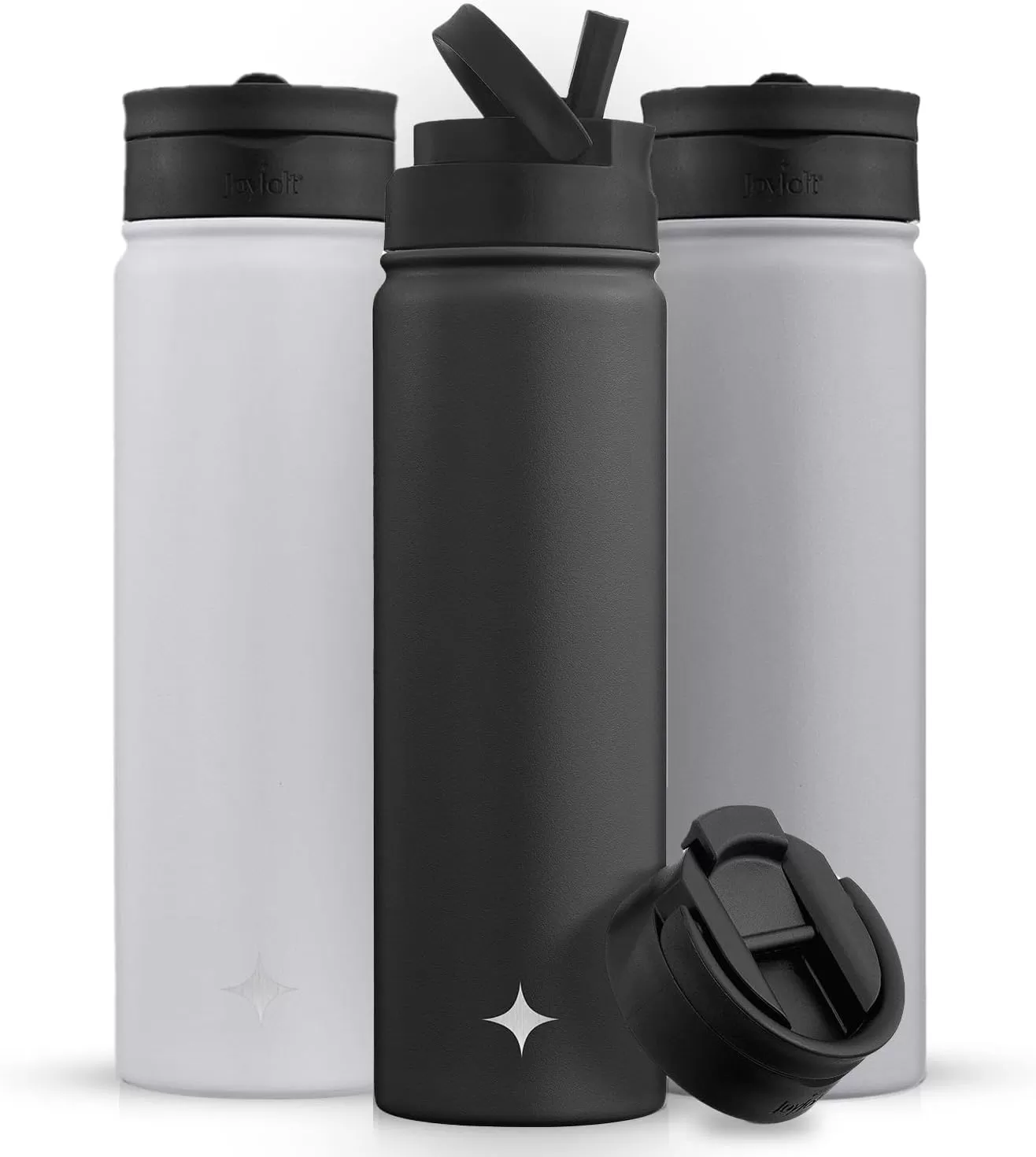 imageJoyJolt Triple Insulated Water Bottle with Straw Lid AND Flip Lid 32oz Large Water Bottle 12 Hour HotCold Vacuum Insulated Stainless Steel Bottle BPAFree Leakproof Water Bottles  Thermos BottleMatte Black