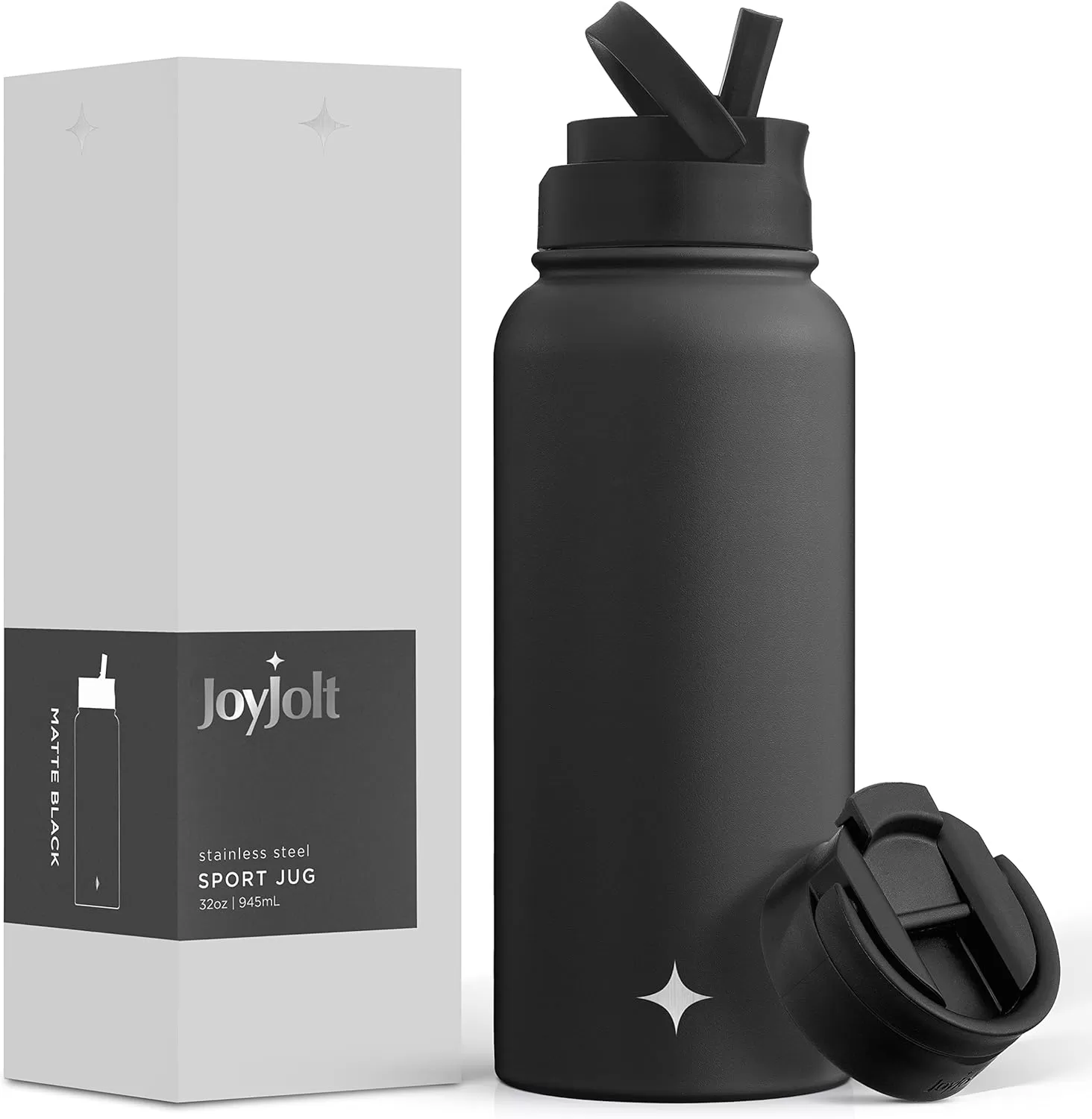 imageJoyJolt Triple Insulated Water Bottle with Straw Lid AND Flip Lid 32oz Large Water Bottle 12 Hour HotCold Vacuum Insulated Stainless Steel Bottle BPAFree Leakproof Water Bottles  Thermos BottleMatte Black