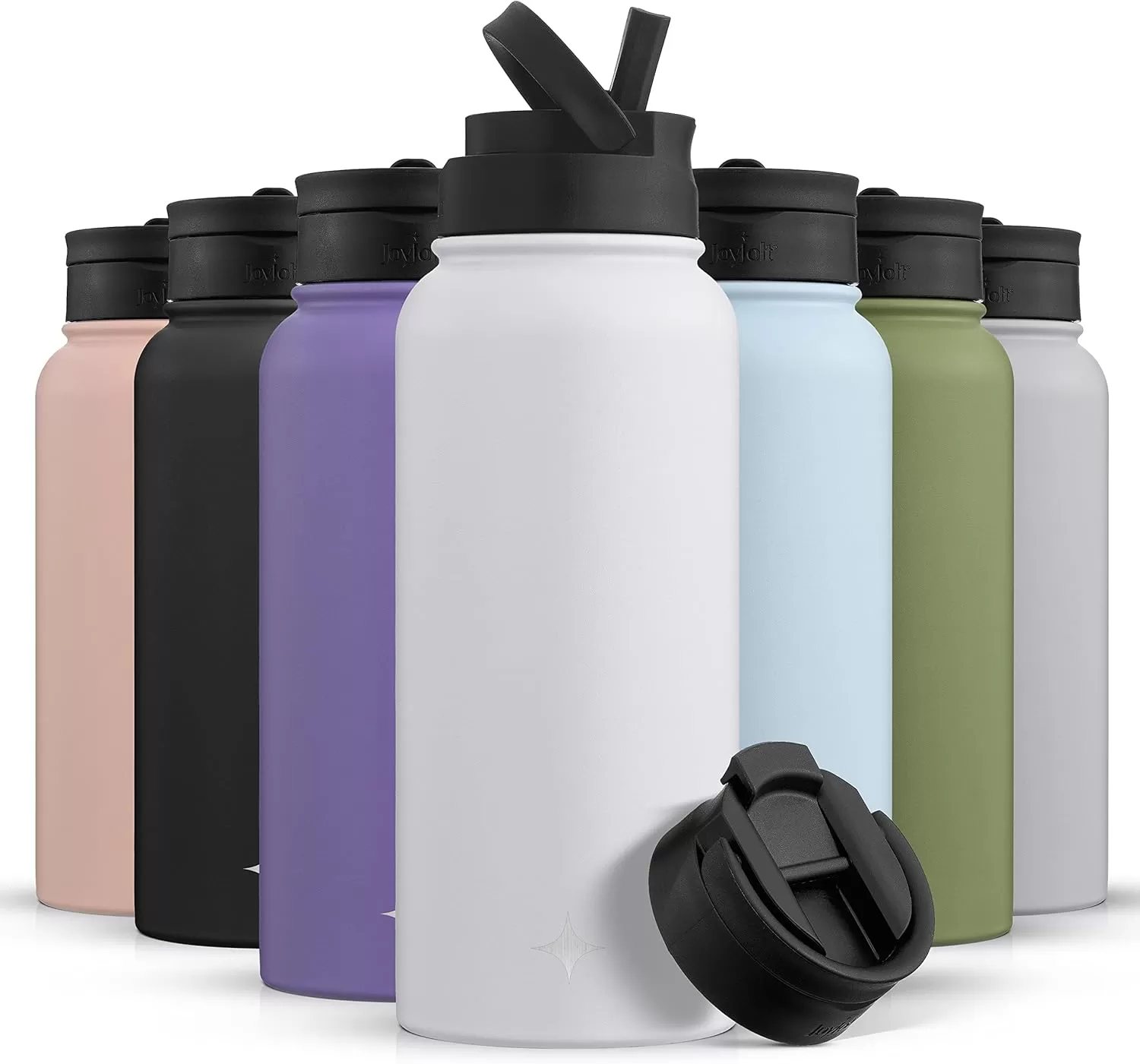 imageJoyJolt Triple Insulated Water Bottle with Straw Lid AND Flip Lid 32oz Large Water Bottle 12 Hour HotCold Vacuum Insulated Stainless Steel Bottle BPAFree Leakproof Water Bottles  Thermos BottleMatte White