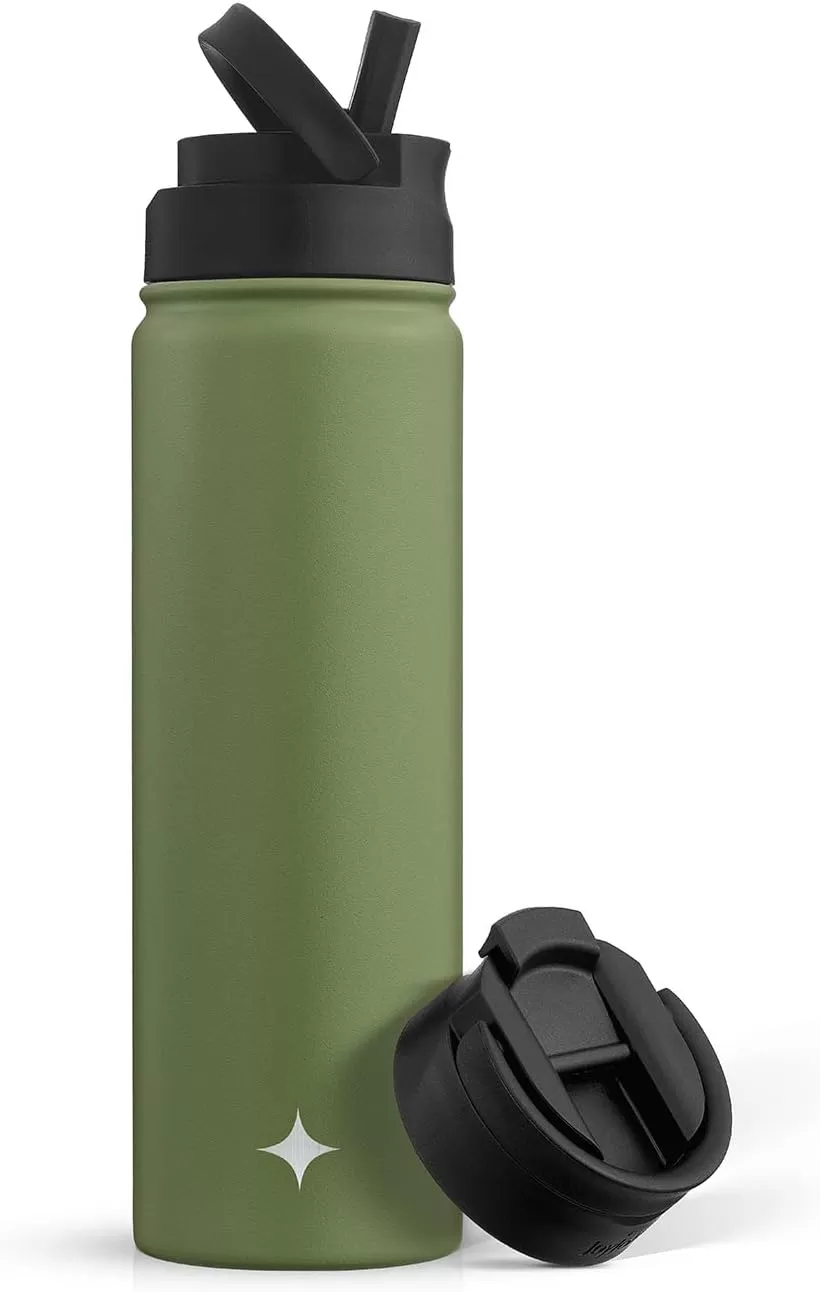imageJoyJolt Triple Insulated Water Bottle with Straw Lid AND Flip Lid 32oz Large Water Bottle 12 Hour HotCold Vacuum Insulated Stainless Steel Bottle BPAFree Leakproof Water Bottles  Thermos BottleForest Green