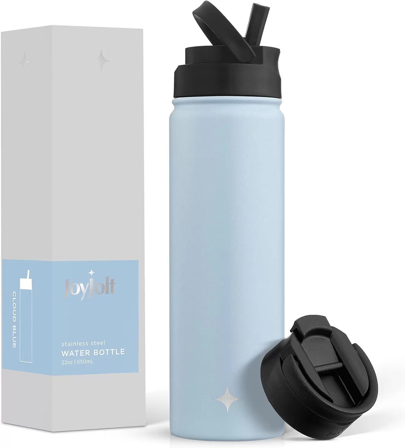 imageJoyJolt Triple Insulated Water Bottle with Straw Lid AND Flip Lid 32oz Large Water Bottle 12 Hour HotCold Vacuum Insulated Stainless Steel Bottle BPAFree Leakproof Water Bottles  Thermos BottleCloud Blue