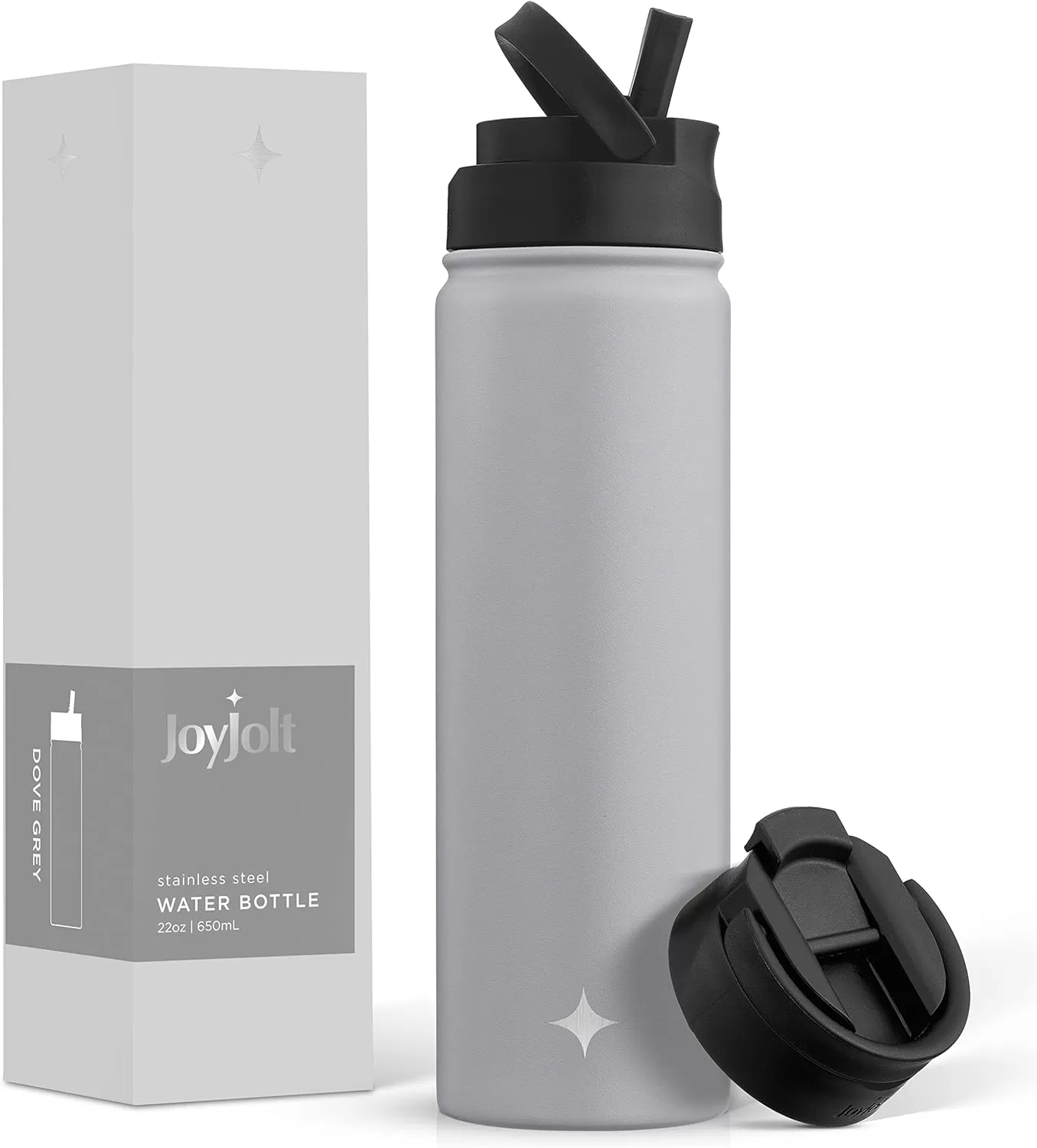 imageJoyJolt Triple Insulated Water Bottle with Straw Lid AND Flip Lid 32oz Large Water Bottle 12 Hour HotCold Vacuum Insulated Stainless Steel Bottle BPAFree Leakproof Water Bottles  Thermos BottleDove Grey