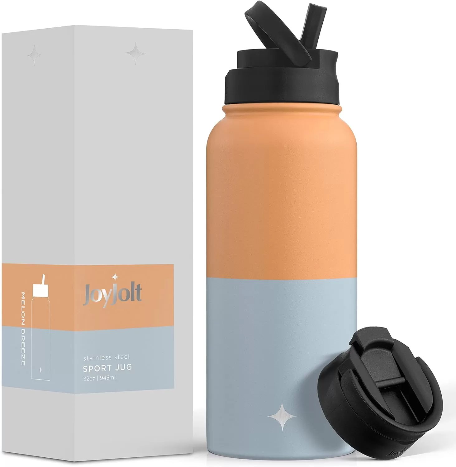 imageJoyJolt Triple Insulated Water Bottle with Straw Lid AND Flip Lid 32oz Large Water Bottle 12 Hour HotCold Vacuum Insulated Stainless Steel Bottle BPAFree Leakproof Water Bottles  Thermos BottleOrangeBlue