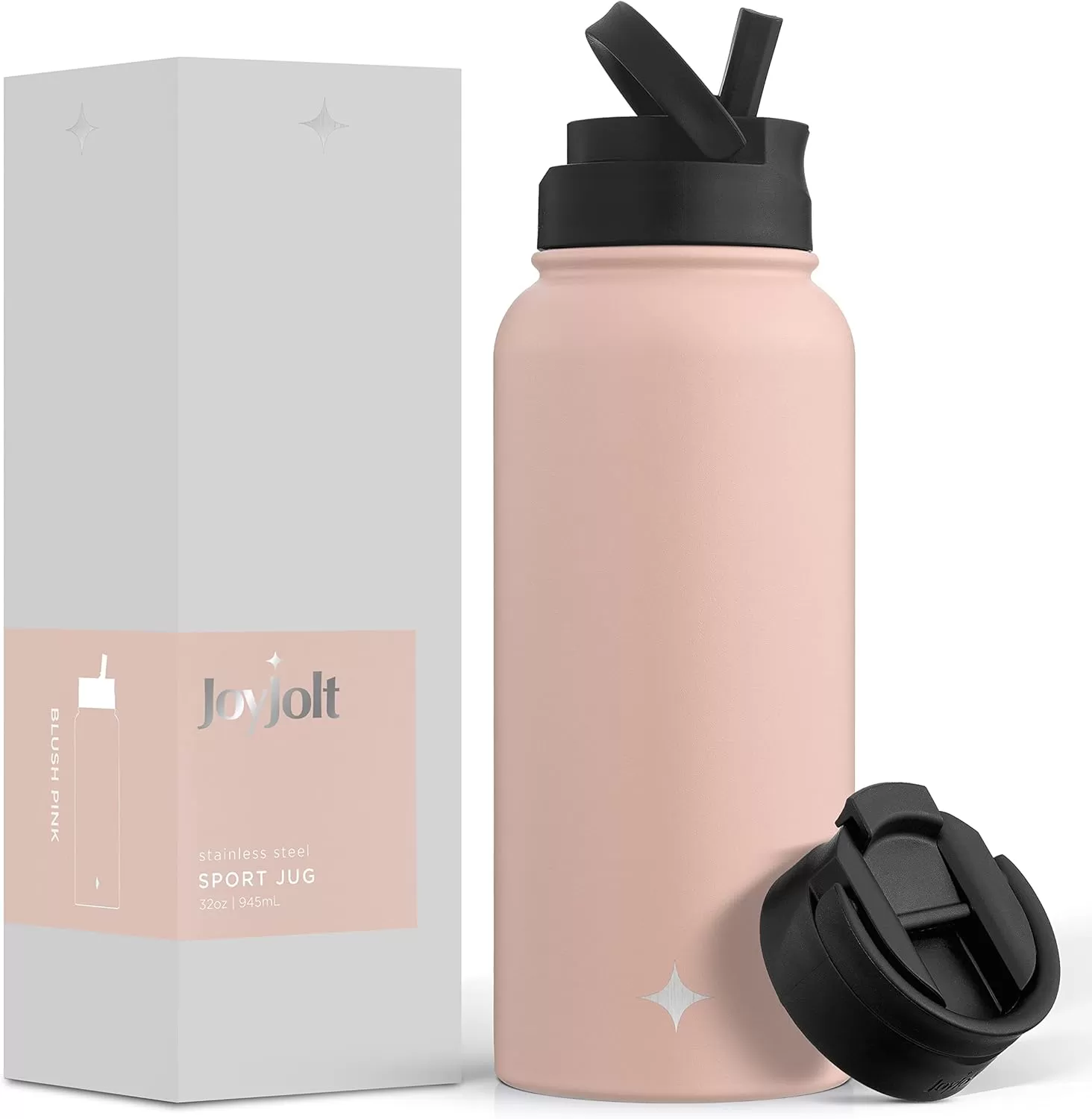 imageJoyJolt Triple Insulated Water Bottle with Straw Lid AND Flip Lid 32oz Large Water Bottle 12 Hour HotCold Vacuum Insulated Stainless Steel Bottle BPAFree Leakproof Water Bottles  Thermos BottleBlush Pink