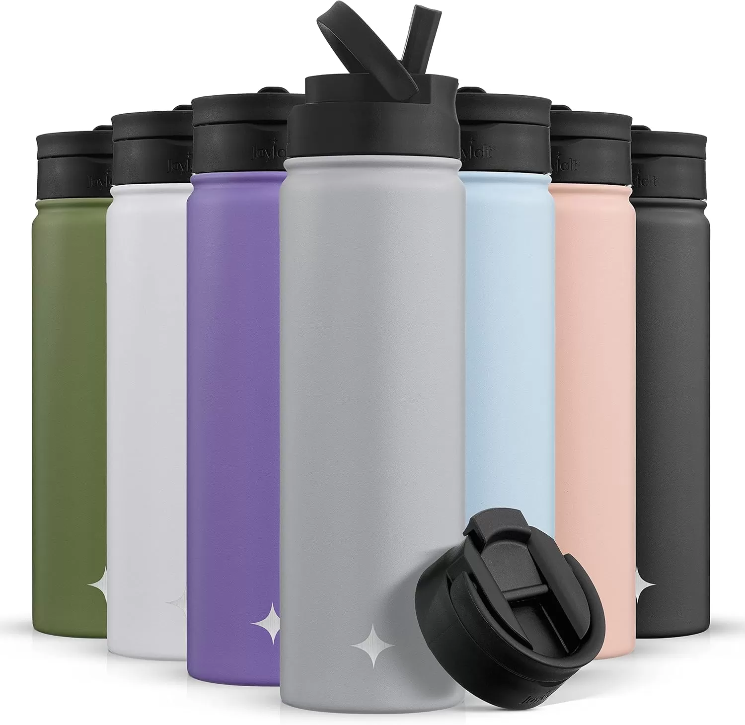 imageJoyJolt Triple Insulated Water Bottle with Straw Lid AND Flip Lid 32oz Large Water Bottle 12 Hour HotCold Vacuum Insulated Stainless Steel Bottle BPAFree Leakproof Water Bottles  Thermos BottleDove Grey