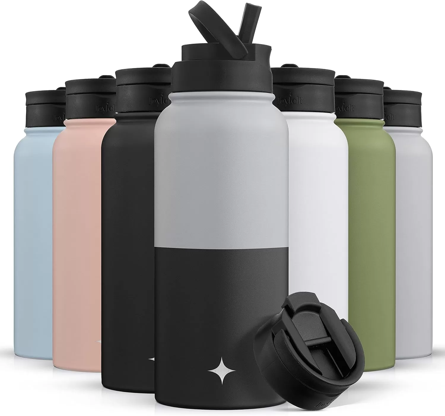 imageJoyJolt Triple Insulated Water Bottle with Straw Lid AND Flip Lid 32oz Large Water Bottle 12 Hour HotCold Vacuum Insulated Stainless Steel Bottle BPAFree Leakproof Water Bottles  Thermos BottleGrayBlack