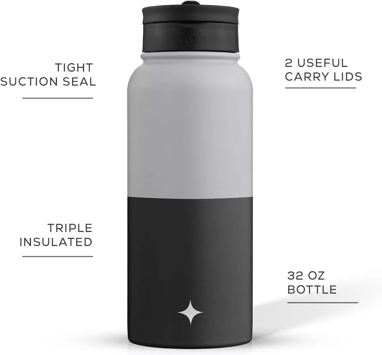 imageJoyJolt Triple Insulated Water Bottle with Straw Lid AND Flip Lid 32oz Large Water Bottle 12 Hour HotCold Vacuum Insulated Stainless Steel Bottle BPAFree Leakproof Water Bottles  Thermos BottleGrayBlack