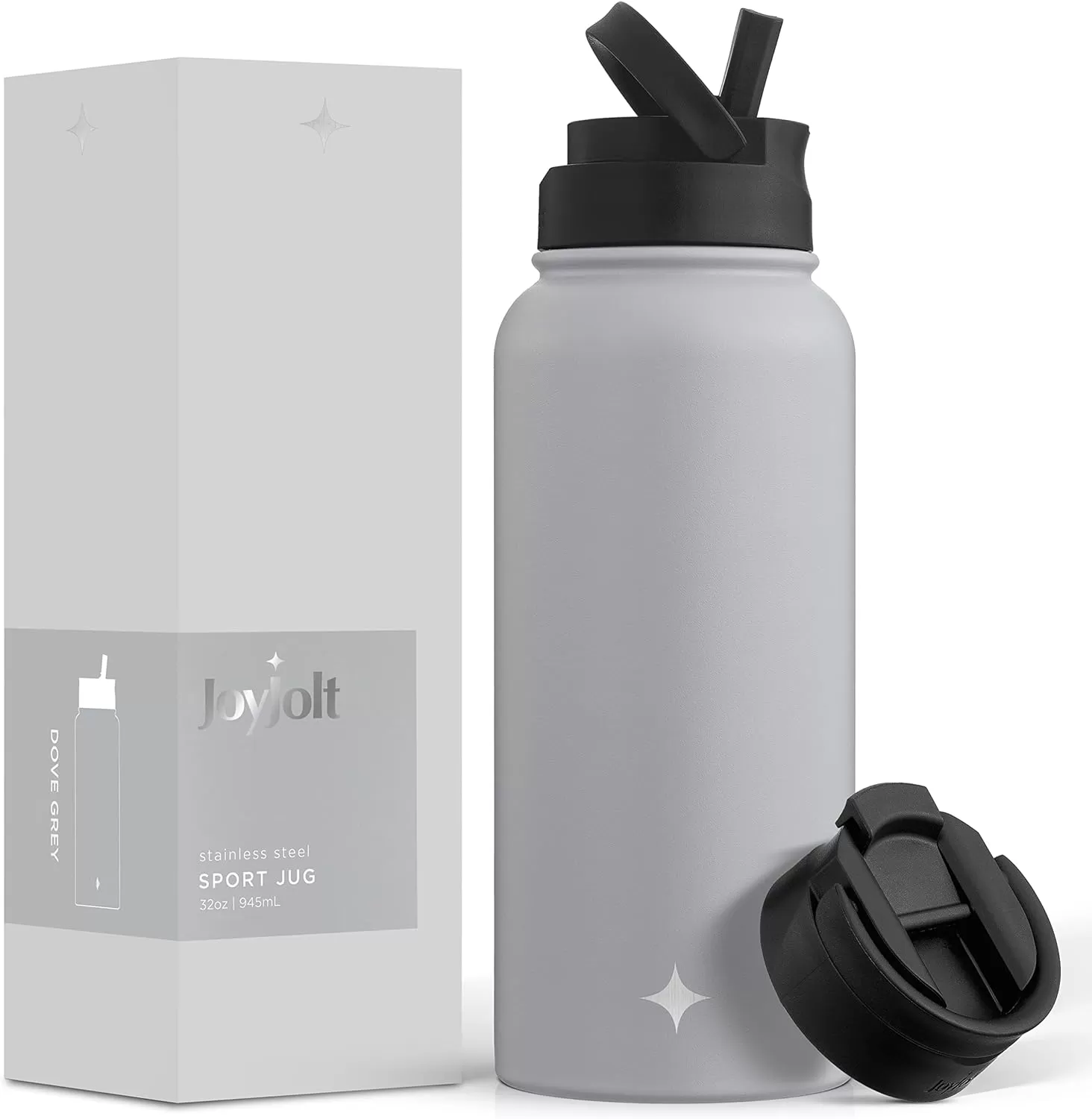 imageJoyJolt Triple Insulated Water Bottle with Straw Lid AND Flip Lid 32oz Large Water Bottle 12 Hour HotCold Vacuum Insulated Stainless Steel Bottle BPAFree Leakproof Water Bottles  Thermos BottleDove Grey